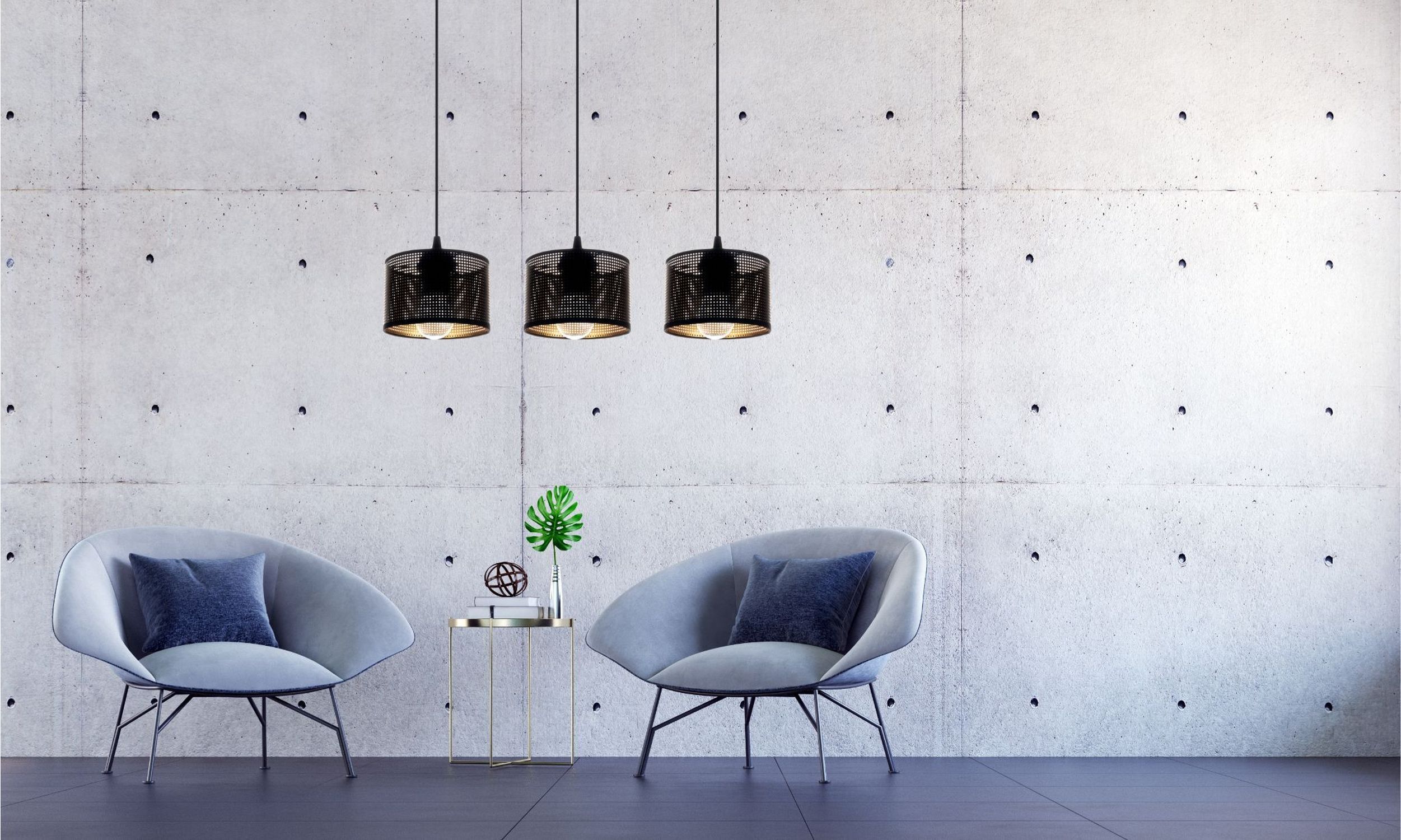 Lange Hängelampe Metall Schwarz Gold E27 3-flmg 65 cm Wohnzimmer, Sessel, Beistelltisch, Hängelampe, Betonwand