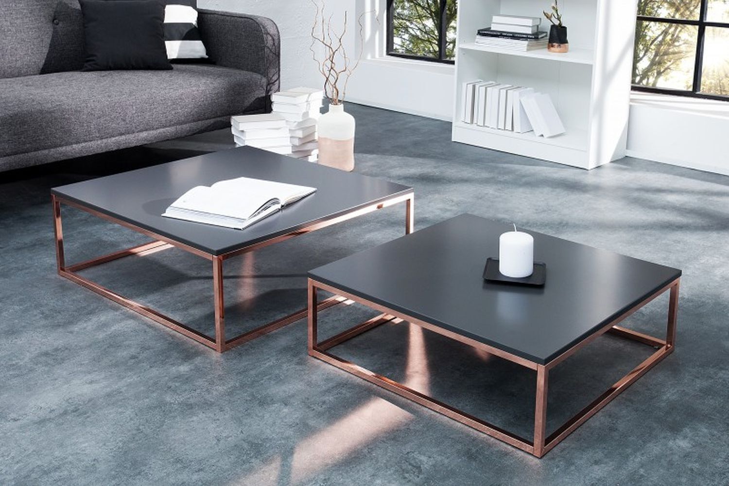 Couchtisch MDF Metall 2er Set in Anthrazit Kupfer Kaffeetisch, Mobiliar, Tabelle, Tischplatte, Couch