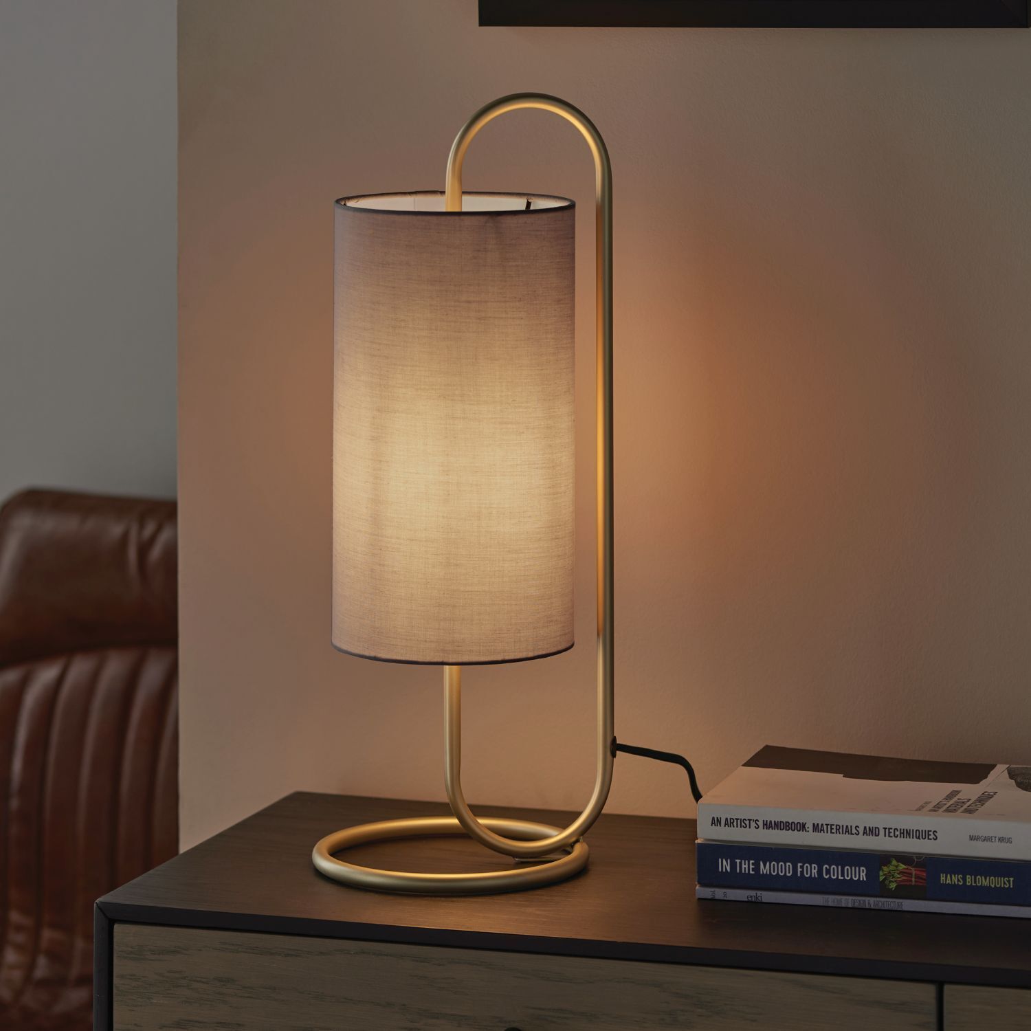 Beistelllampe Stoff Metall 50 cm in Messing antik Grau E27