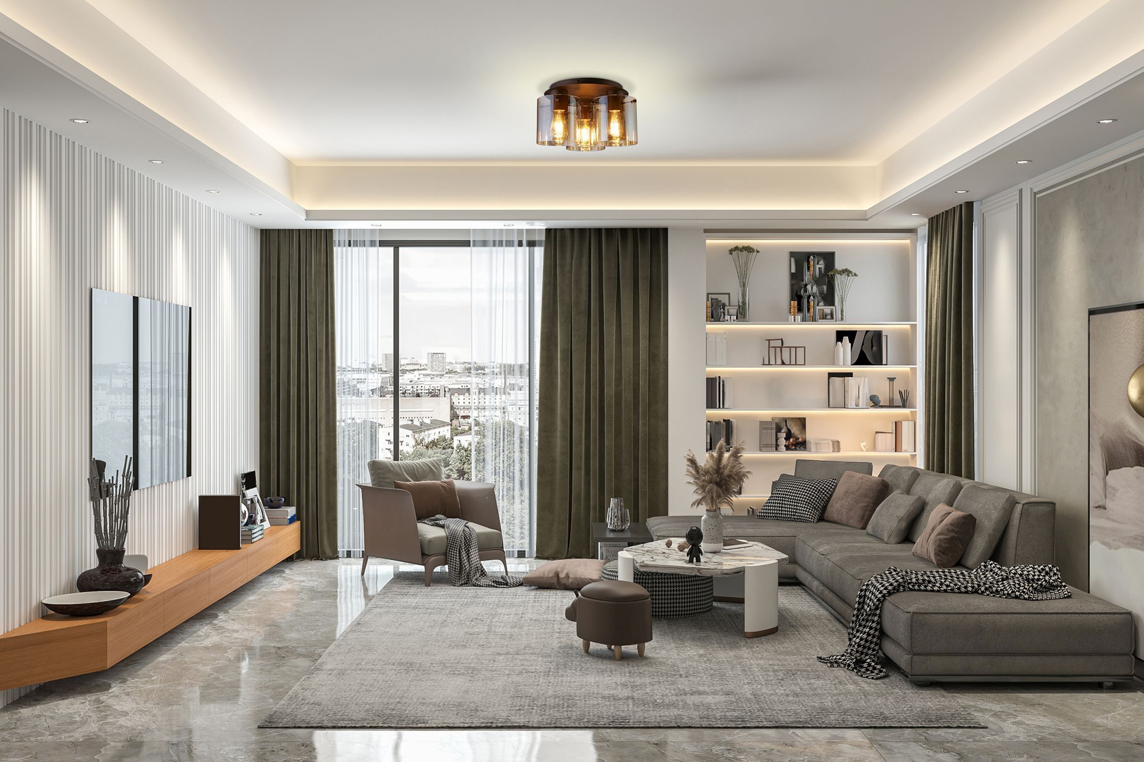 Deckenleuchte Glas Metall in Mokka Bernstein 3-flammig Dekoration für Zuhause, Mobiliar, Wohnzimmer, Tabelle, Innenarchitektur