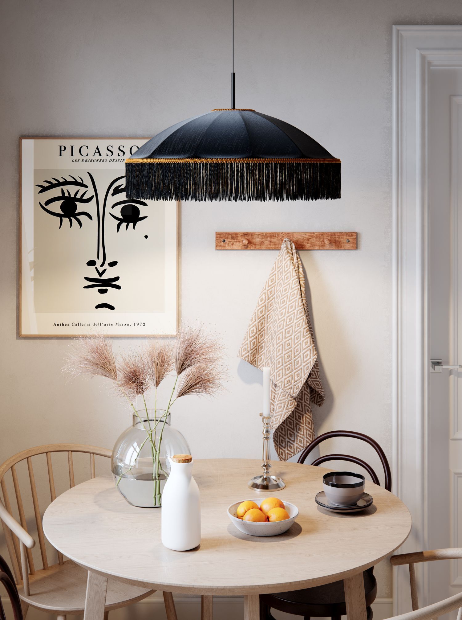 Hängelampe Stoffschirm Fransen D: 60 cm Schwarz Gold E27 küchentisch, runder tisch, pendelleuchte, fransenlampe, dekoration wand/ wanddekoration