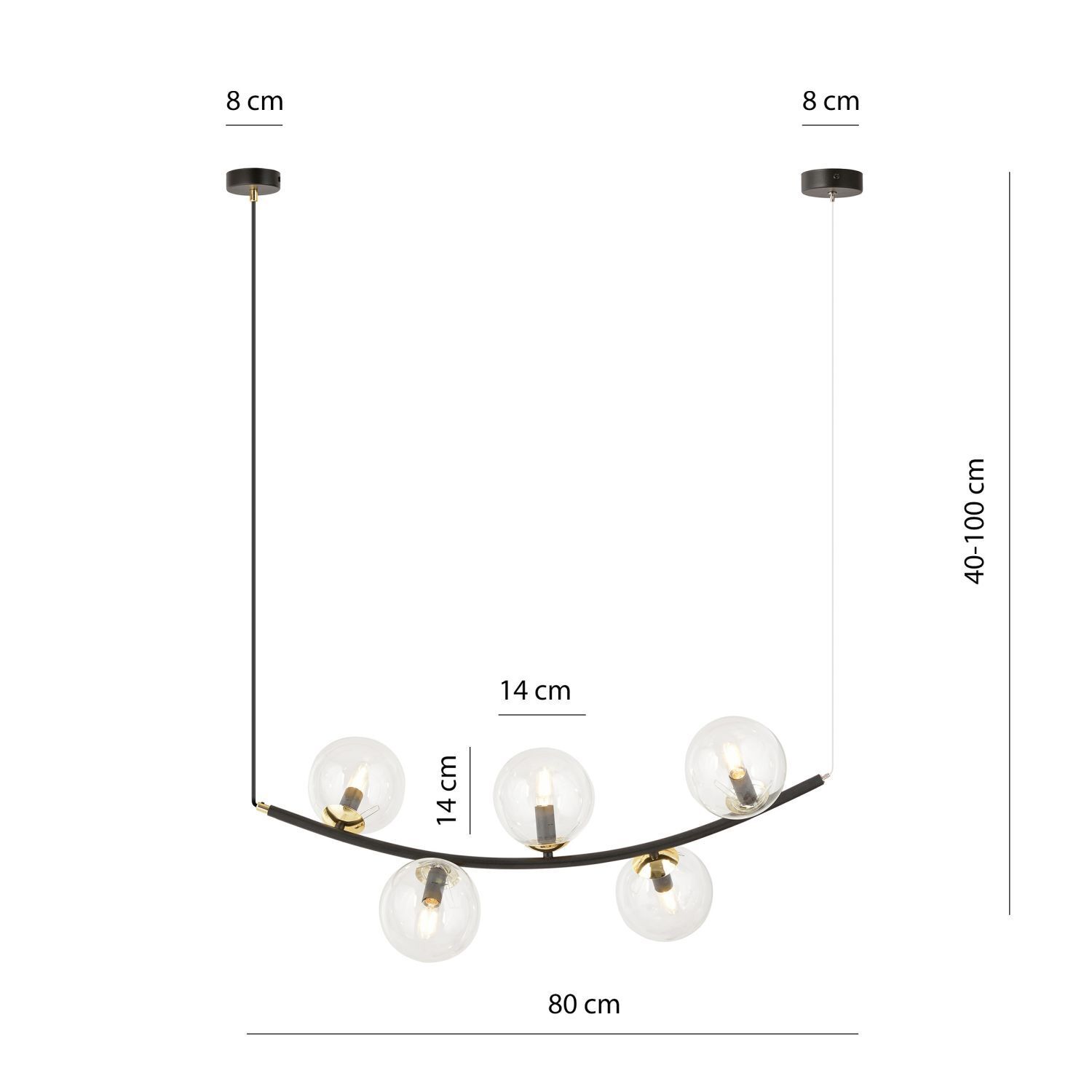 Hängelampe Glas Metall L: 80 cm in Schwarz Gold E14 5-flammig