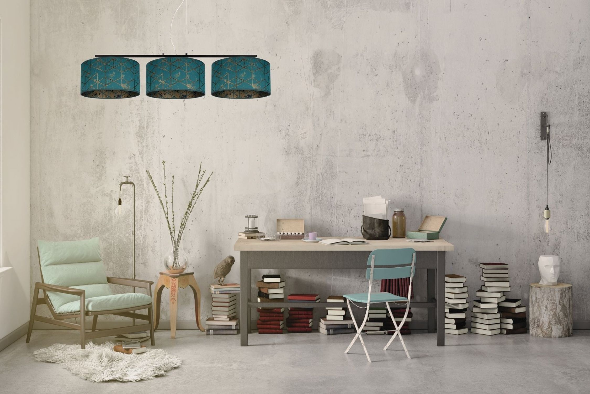 Wohnzimmer, Arbeitszimmer, Hängelampe, Teal Lampe, Bürotisch