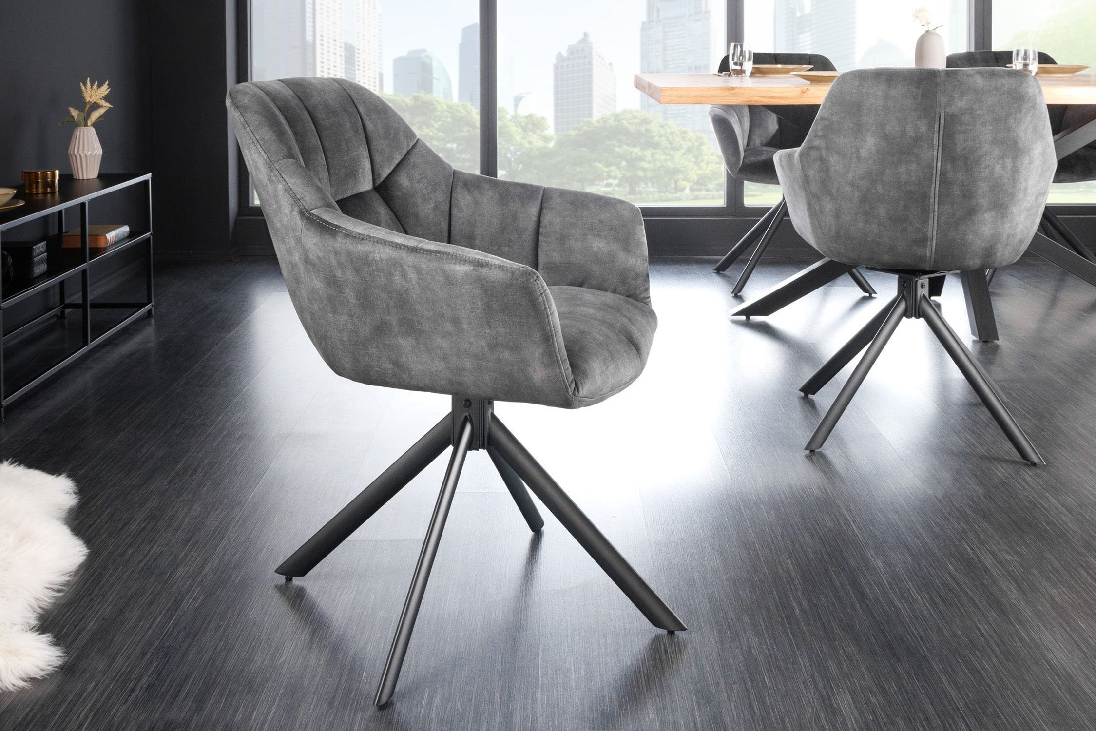 Bürostuhl Samt Metall Grau Schwarz ohne Rollen Fußboden, Bodenbeläge, Mobiliar, Stuhl, Innenarchitektur