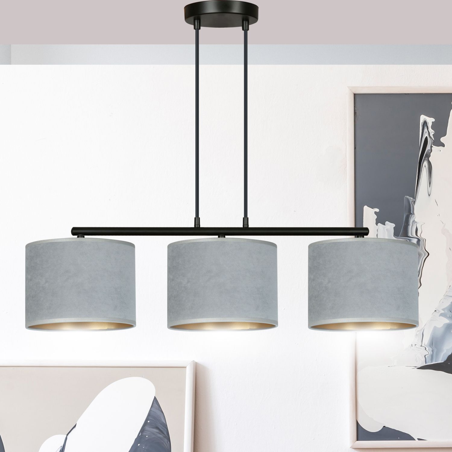 Pendelleuchte Metall Stoff L: 72 cm Schwarz Grau Gold E27