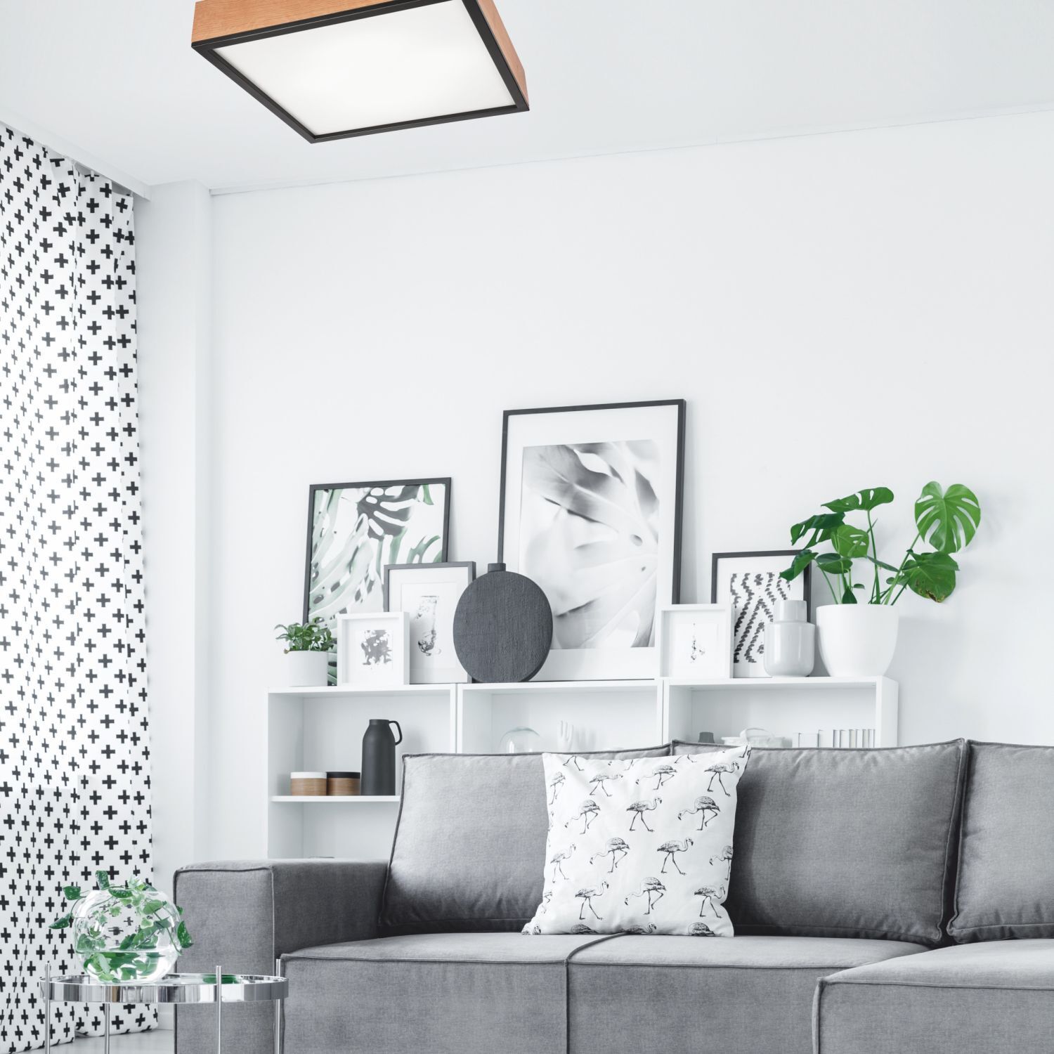 Deckenleuchte eckig B: 48 cm Holz Metall für 4x E27 Innenarchitektur, Inneneinrichtung, Wohnzimmer, Kissen, Couch