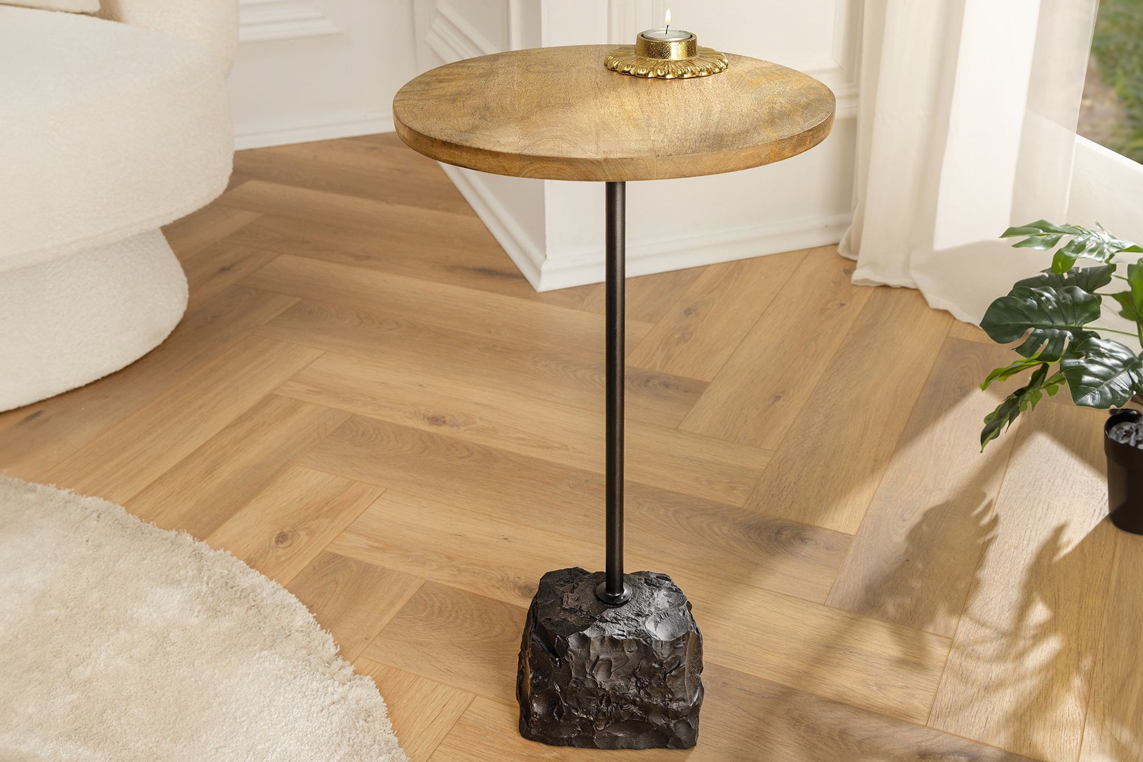 Beistelltisch Mango Holz Marmor Metall Handarbeit Ø 33 cm Moebel, Tabelle, Tischplatte, Holz, Hartholz