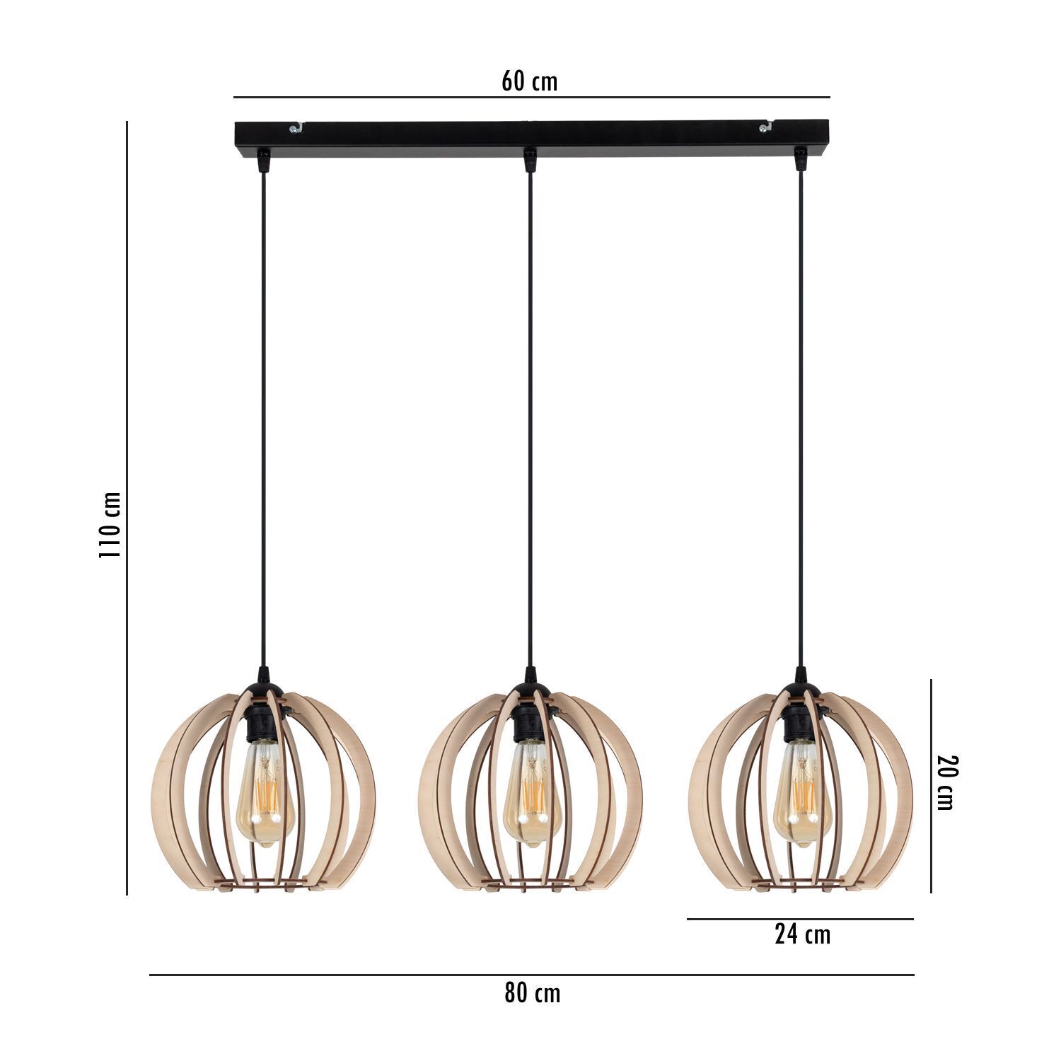 Lange Hängelampe Holz Metall E27 L:80 cm wohnlich