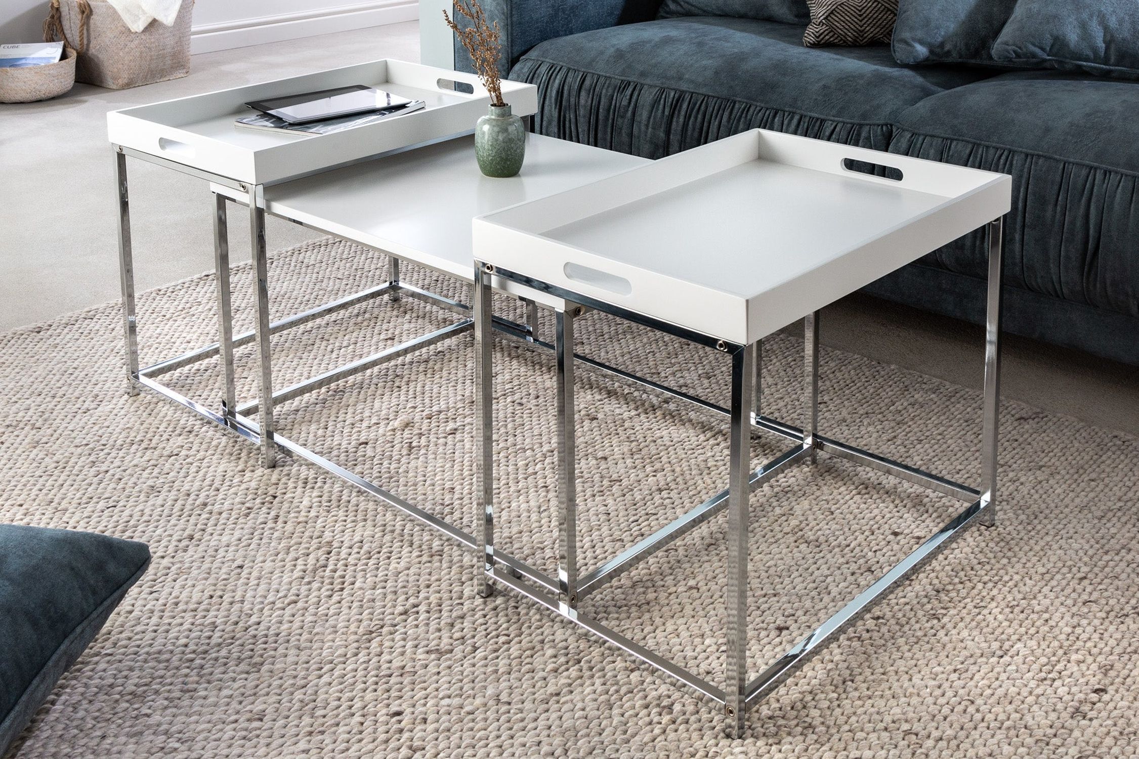 Couchtisch 2er Set MDF Metall in Weiß Chrom mit Tabletts Couchtisch 2er Set MDF Metall in Weiß Chrom mit Tabletts