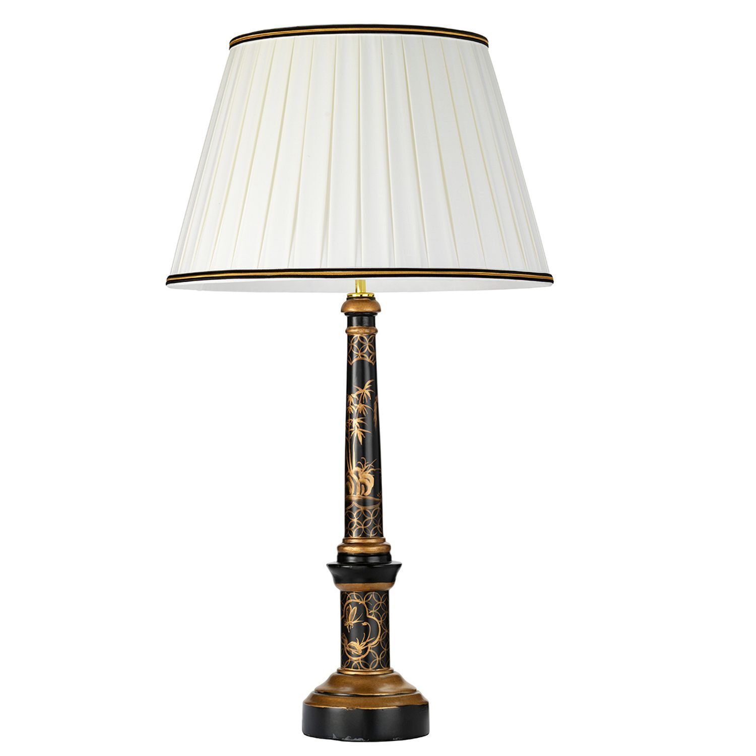 Tischlampe groß 87 cm Stoff Holz in Creme Schwarz Gold