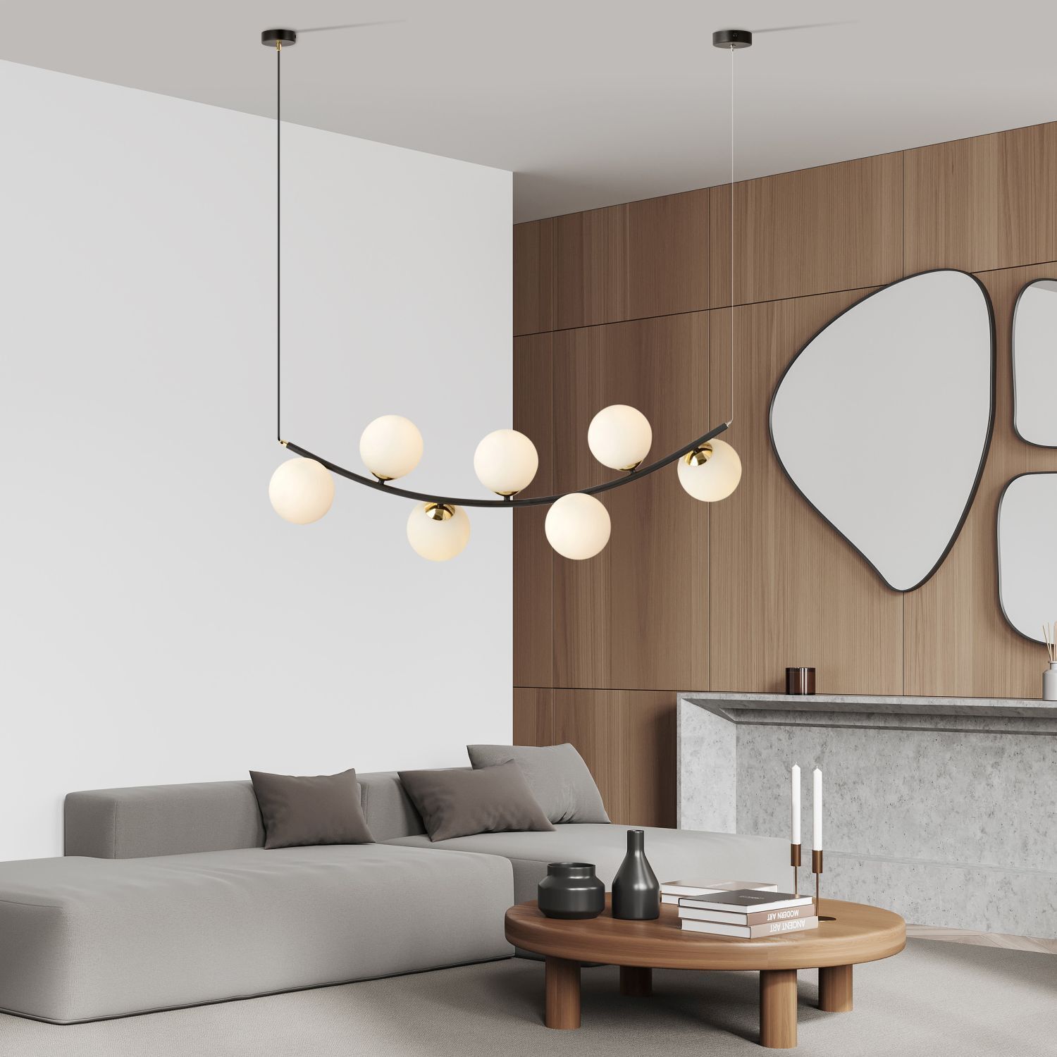 Hängeleuchte Schwarz Weiß Gold B: 95 cm 7x E14 Metall Glas Drinnen, Innenarchitektur, Wohnzimmer, Lampe, Dekoration für Zuhause