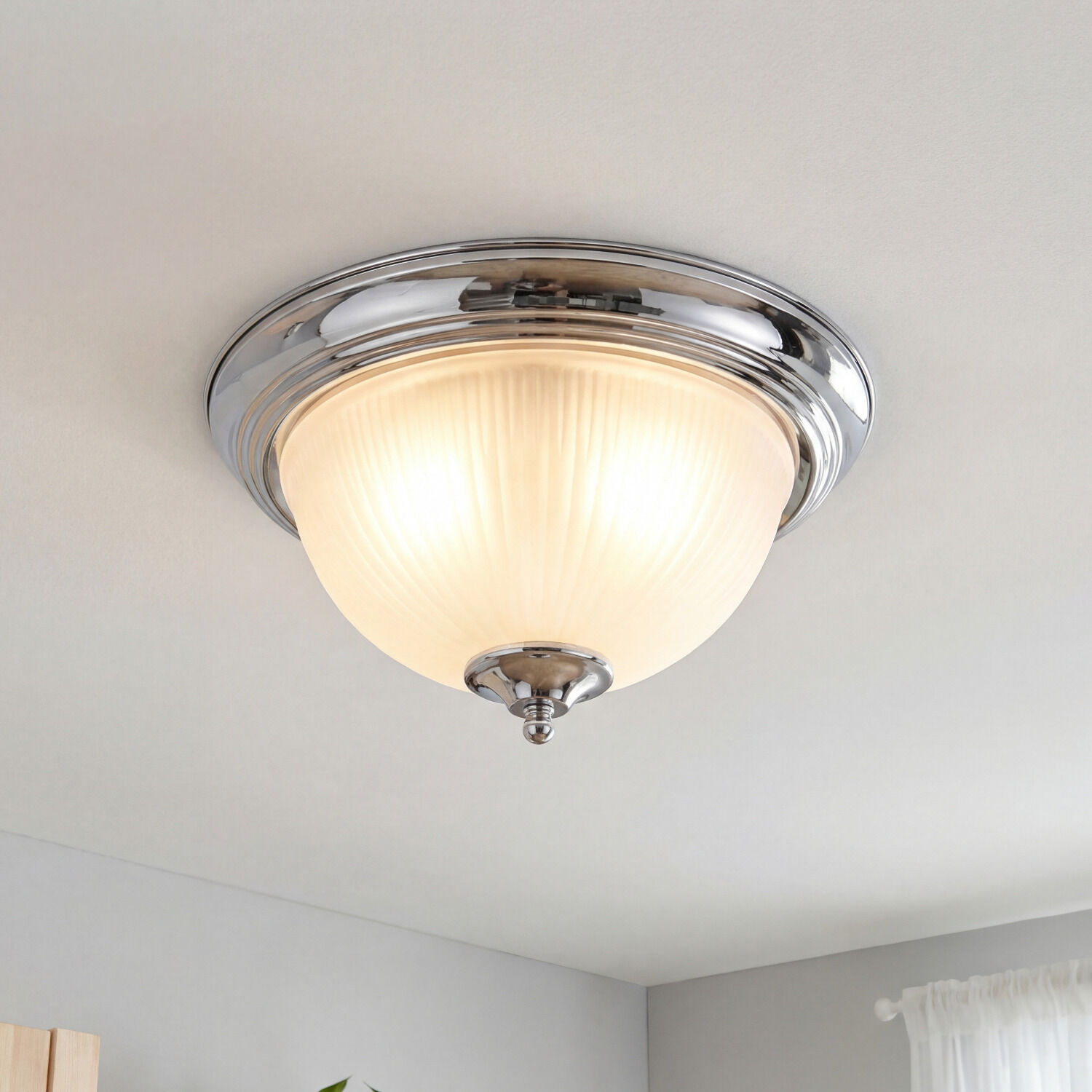 deckenleuchte, deckenkopf, chrom, gläserner lampenschirm, runde lampe