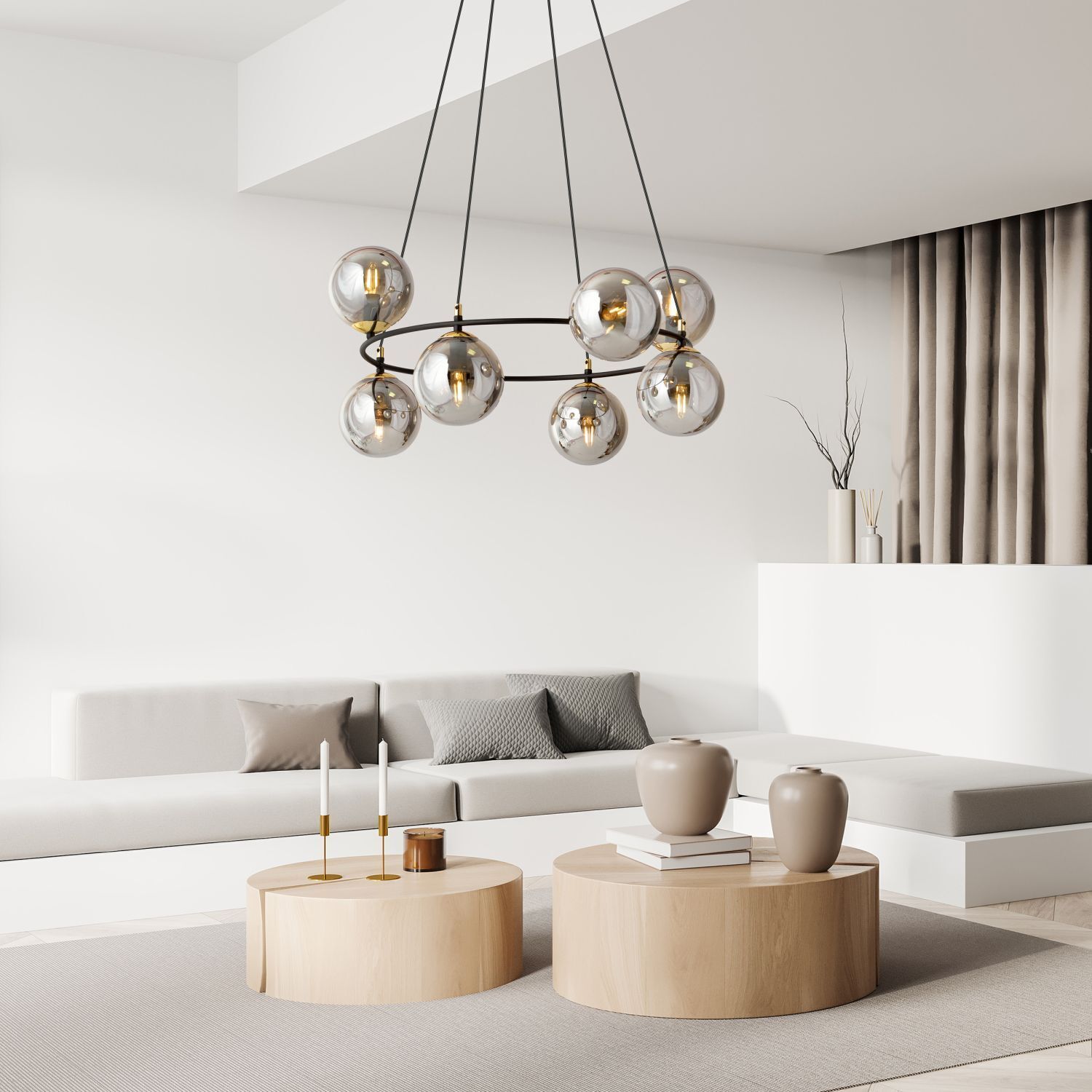 Hängeleuchte Metall Rauchglas E14 7-flammig rund Ø 75 cm Dekoration für Zuhause, Kronleuchter, Lampe, Wohnzimmer, Tabelle