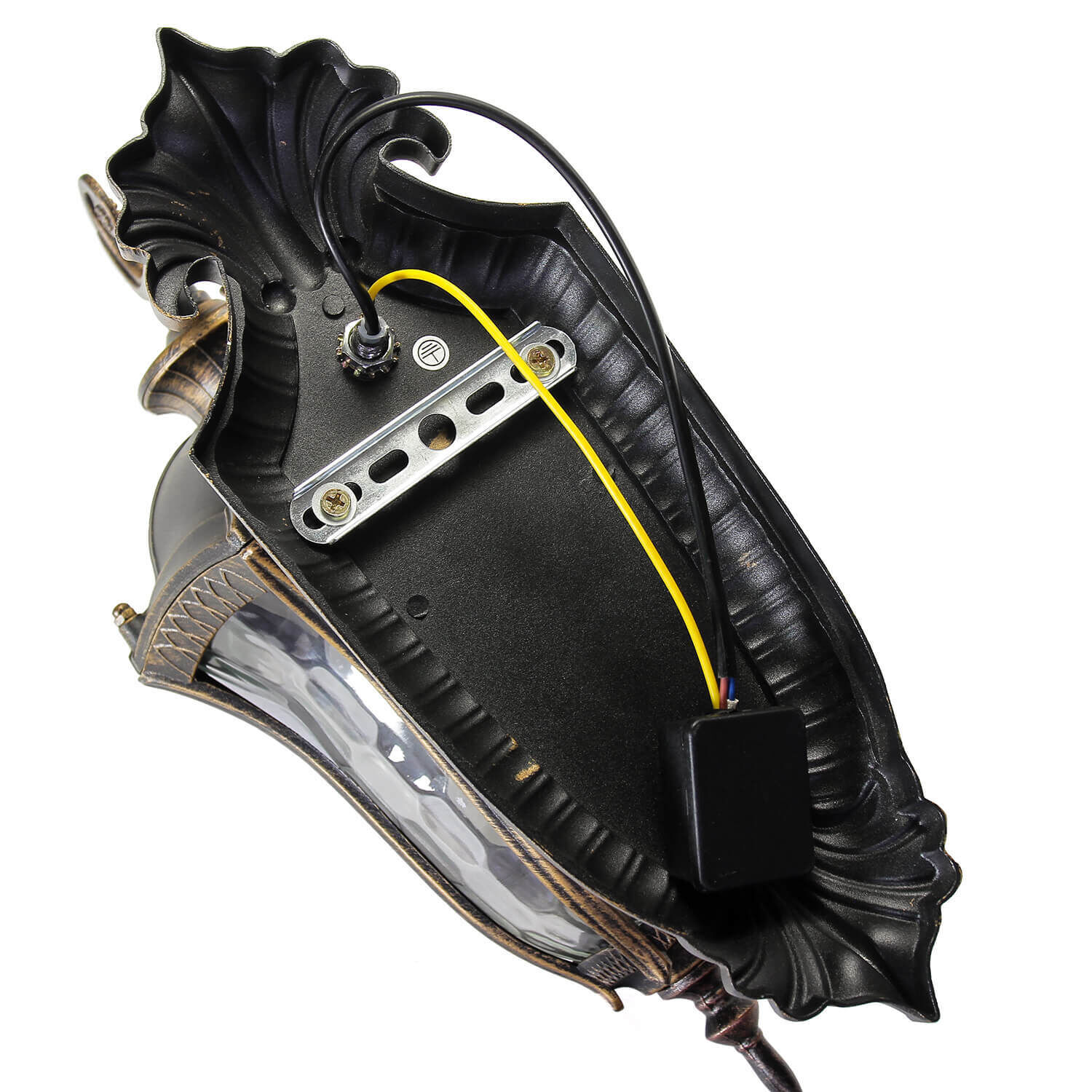 Rustikale Wandlaterne außen IP44 Schwarz Gold antik Zubehor, Riemen, Tasche