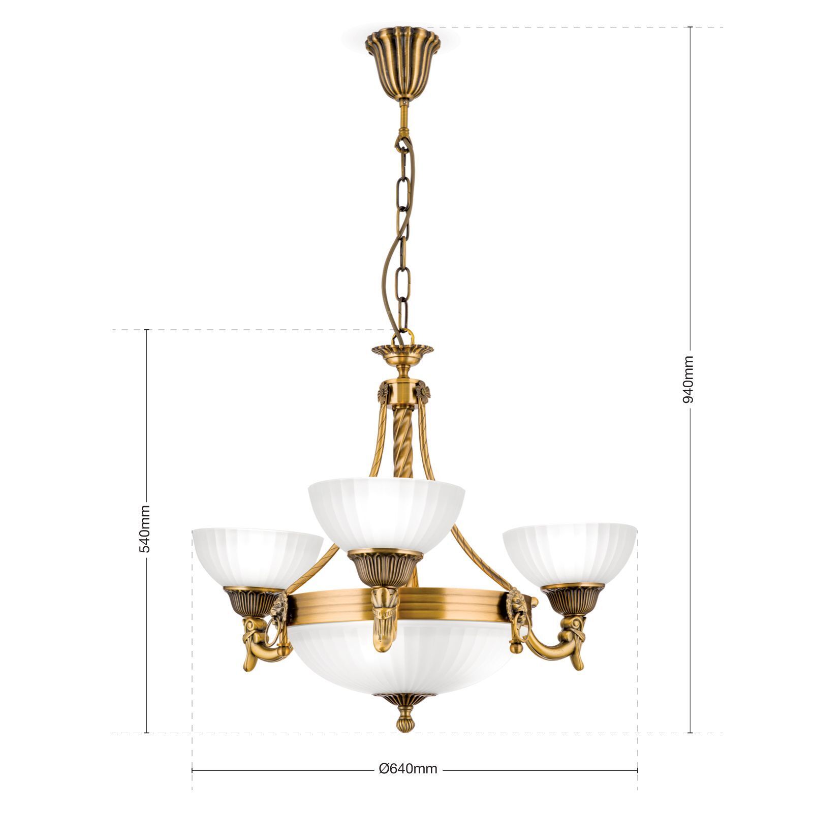 Kronleuchter, Außenkettenspender, Bronze-Optik, weißes Glasschirm, Hängerlampe