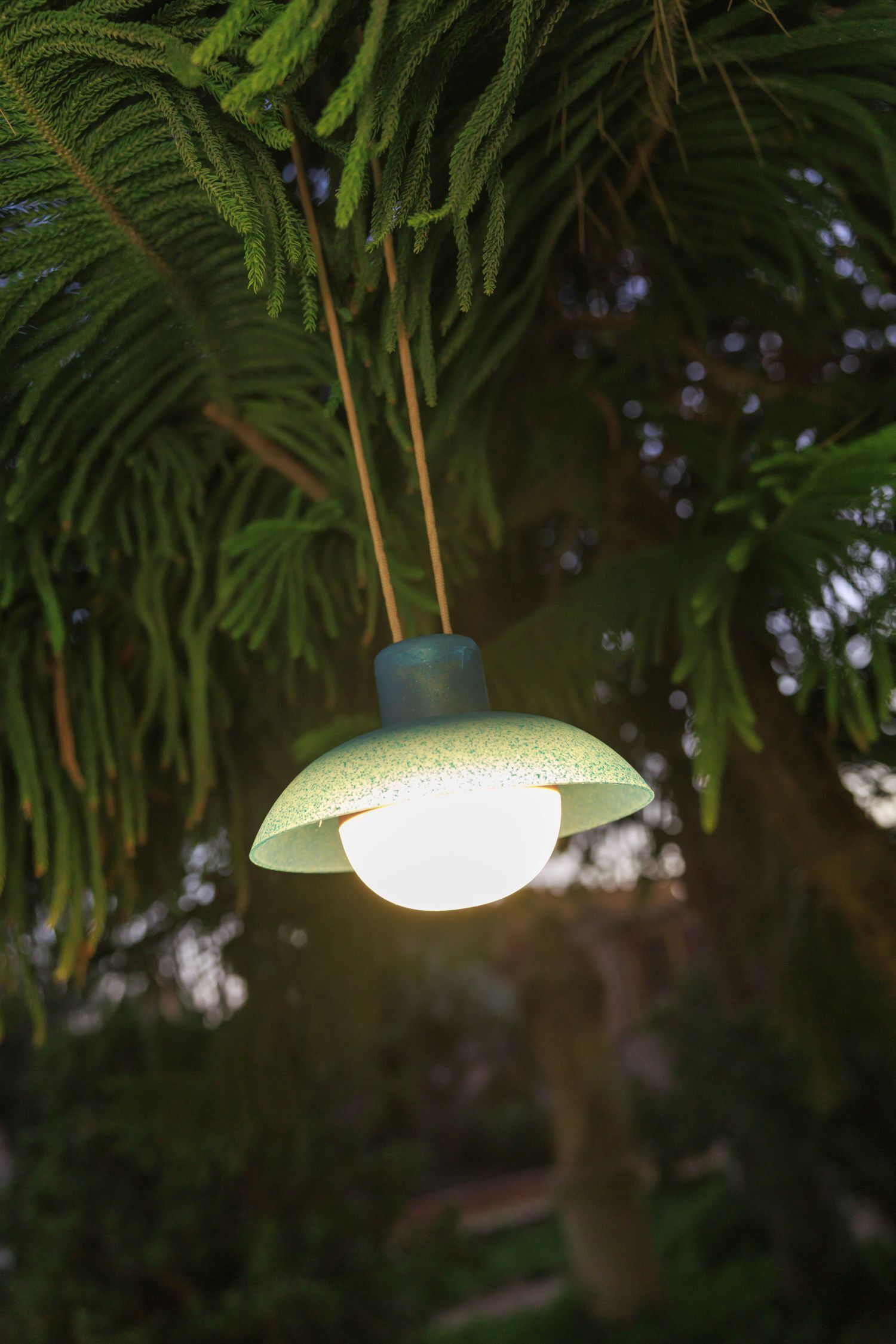 hängende leuchte, aussenbeleuchtung, glühbirne, grüne schale, baumzweig