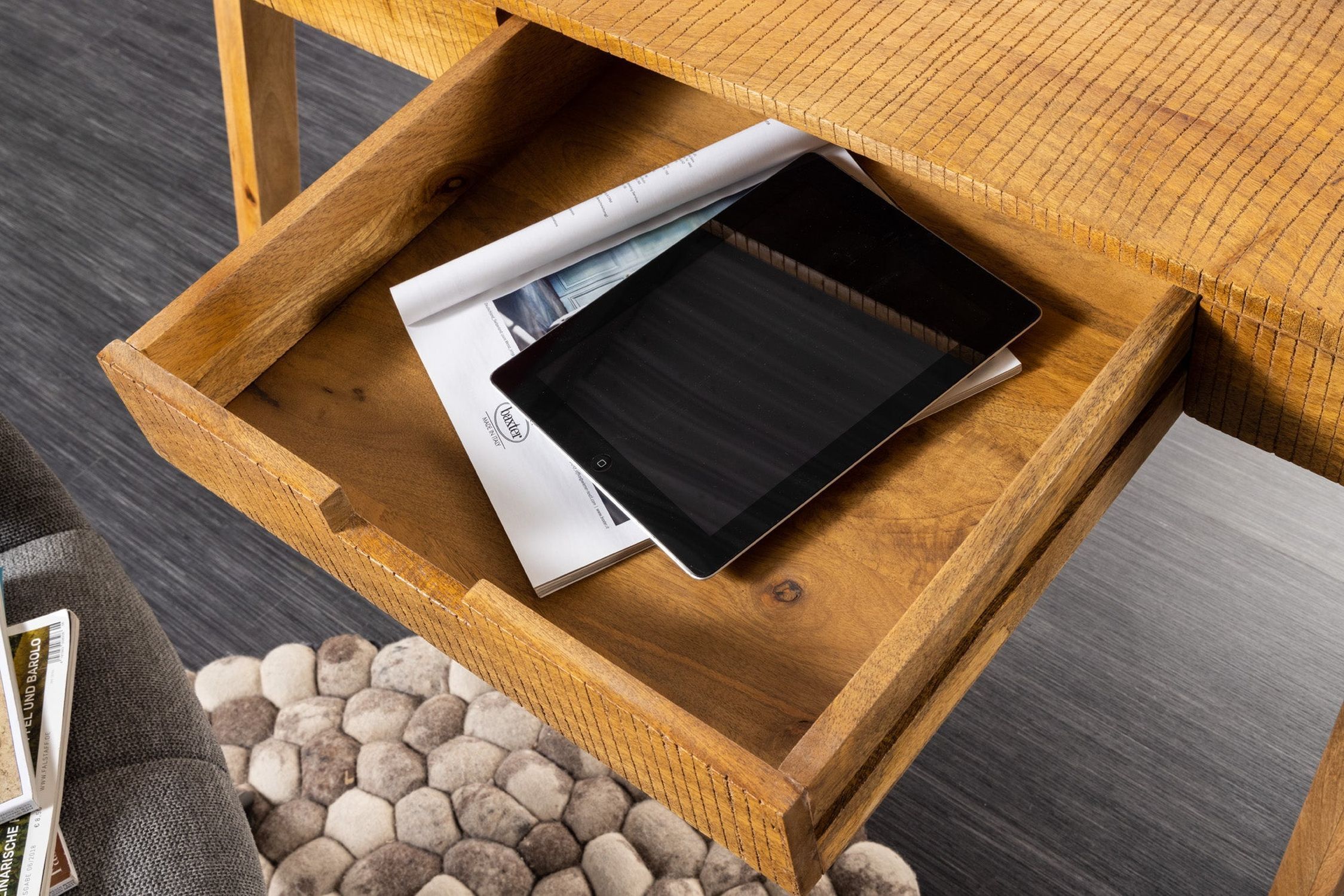 Schreibtisch mit Schublade Mango Holz in Natur 120x86 cm Hartholz, Holz, Gebeiztes Holz, Tabelle, Innenarchitektur
