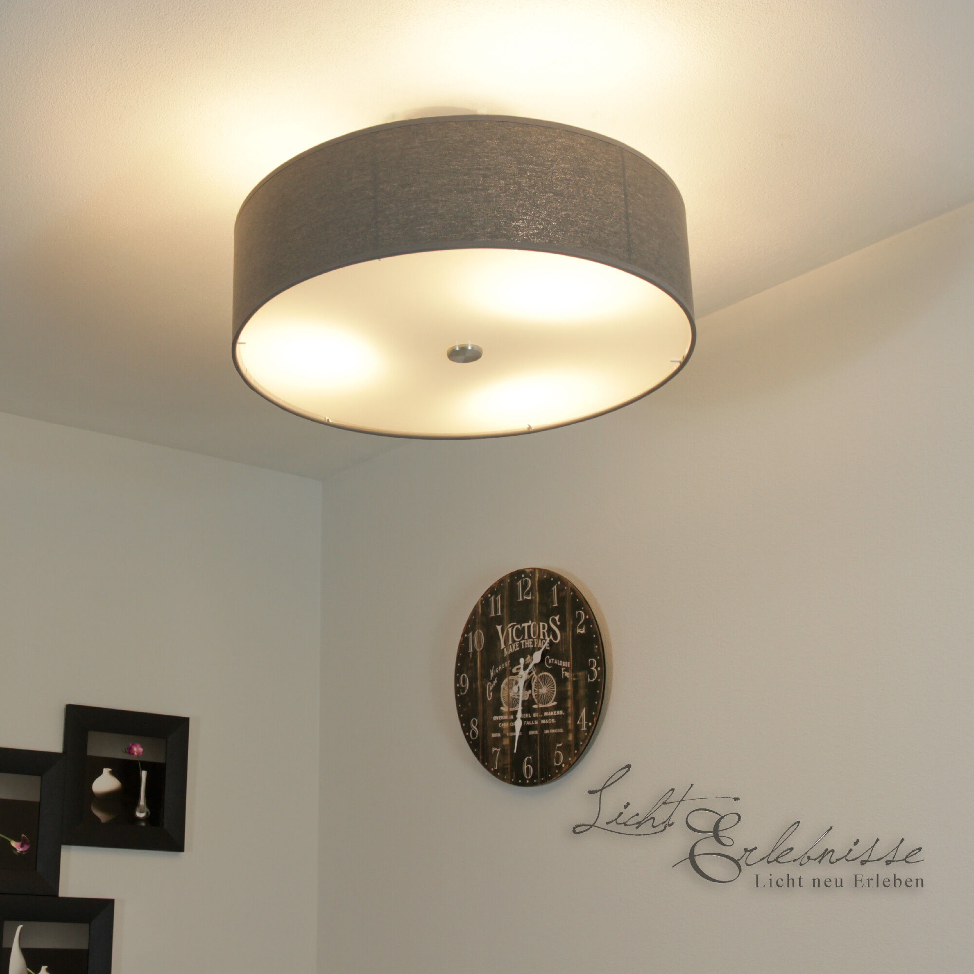 Graue Deckenlampe Viviane mit Stoffschirm