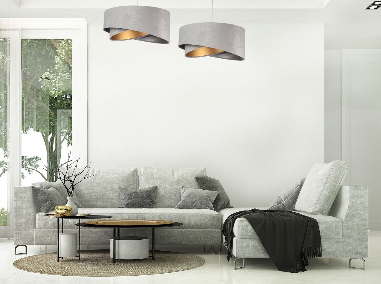 Hängelampe E27 Stoff rund Ø 50 cm Grau Gold Silber