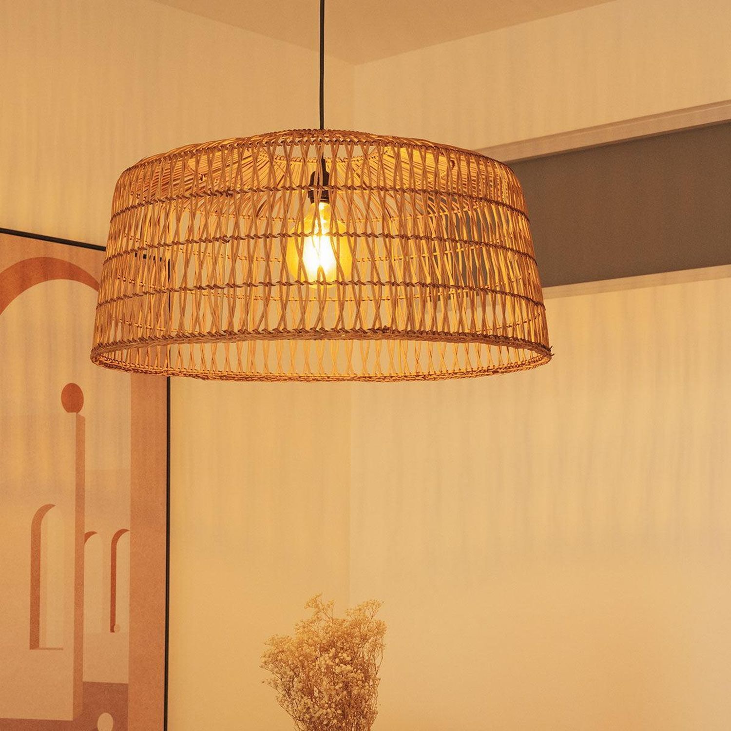 Pendelleuchte Rattan E27 groß Ø 79 cm rund in Natur Boho
