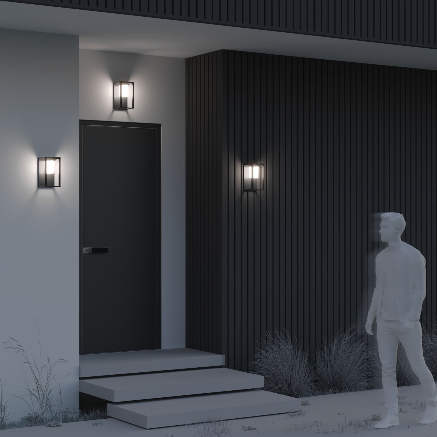 LED Solar Wandleuchte außen Bewegungsmelder IP54 3000 K moderne frontansicht, haustür, hintergrundverkleidung, außenbeleuchtung, figurale skulptur