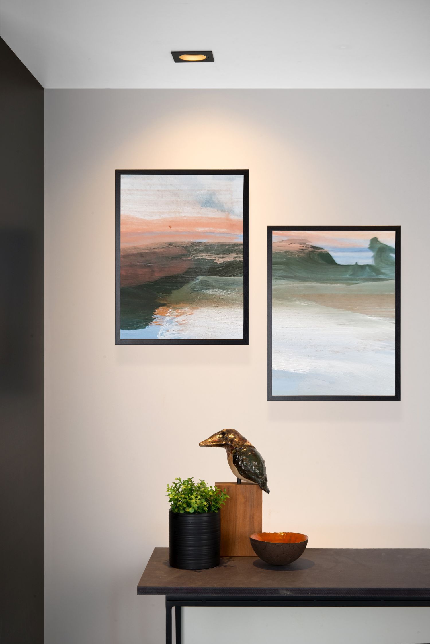 abstract landscape, framed art, table decor, bird sculpture, potted plant