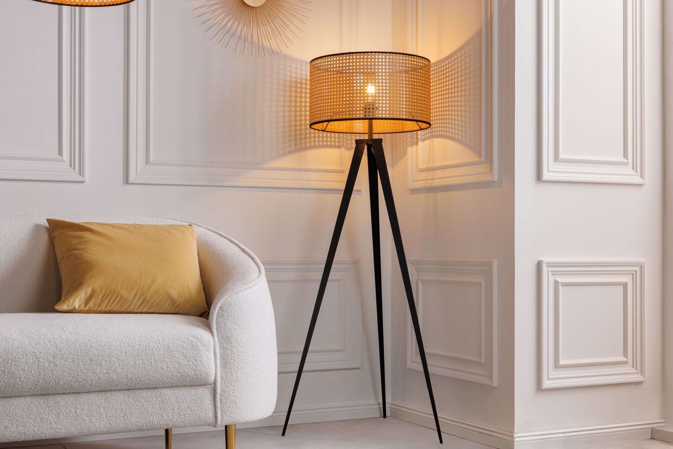 Dreibein Stehlampe Holz Kunststoff Wiener Geflecht E27