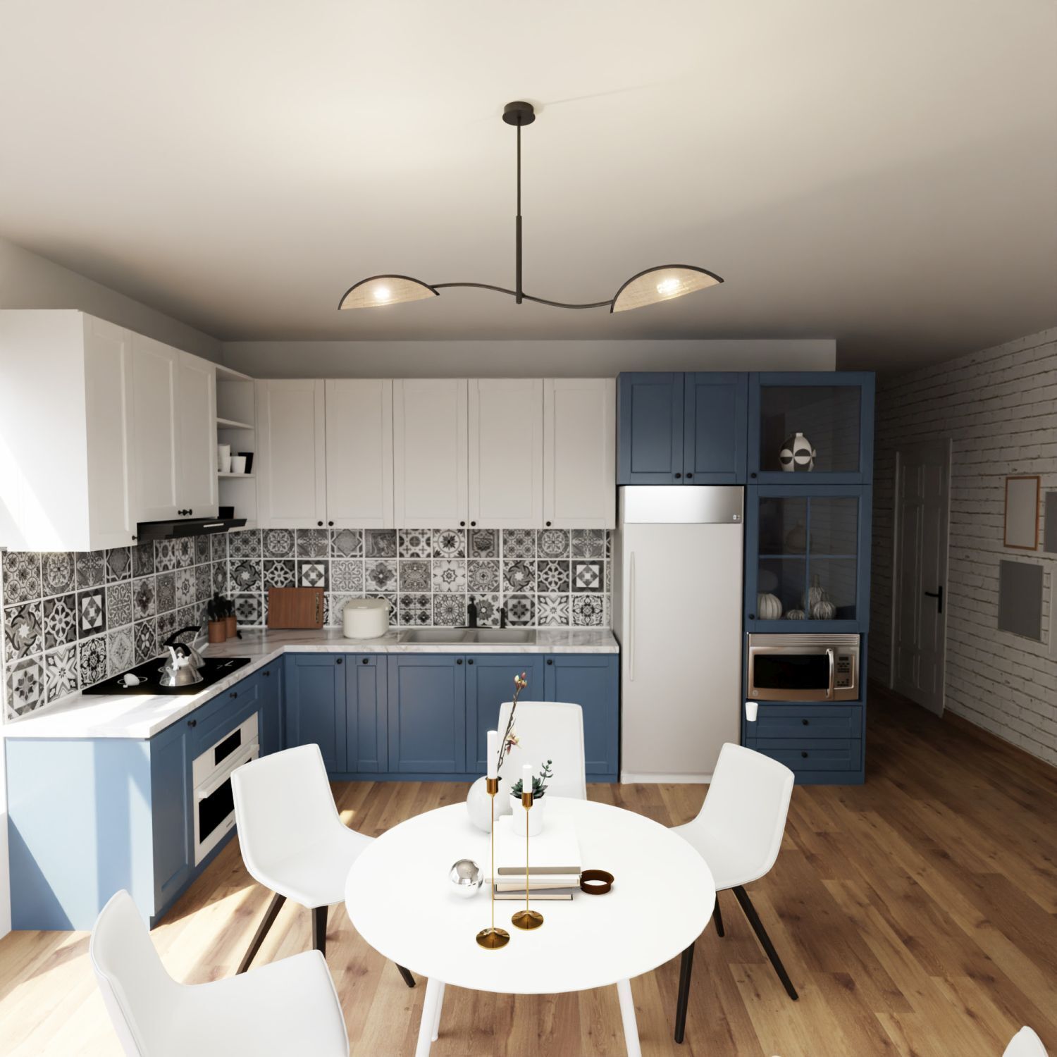 Deckenlampe Rattan Metall 103 cm lang drehbar 2-flammig E14 Speisesaal, Esstisch, Drinnen, Innenarchitektur, Küche