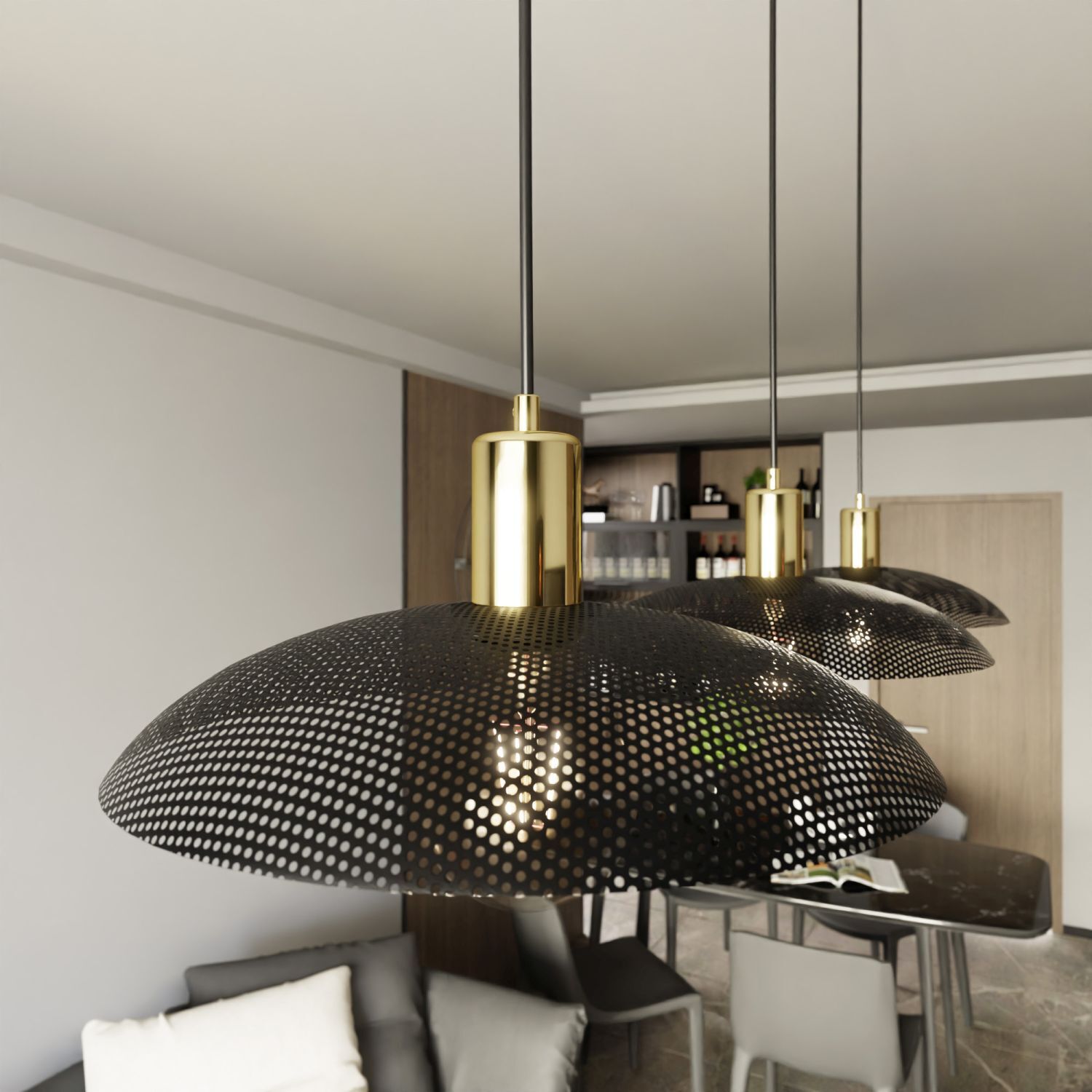 Pendelleuchte 3-flammig L: 90 cm Metall Schwarz Gold E27 Drinnen, Innenarchitektur, Lampe, Leuchte, Kronleuchter