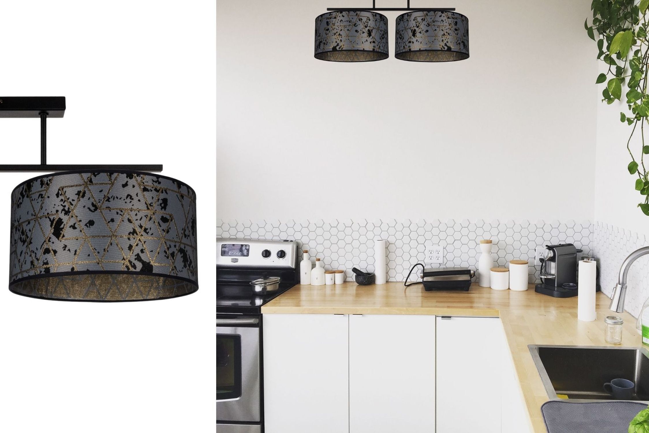 Deckenlampe Stoff blendarm Schwarz Grau Muster 70 cm Drinnen, Innenarchitektur, Klebeband, Lampe, Küche