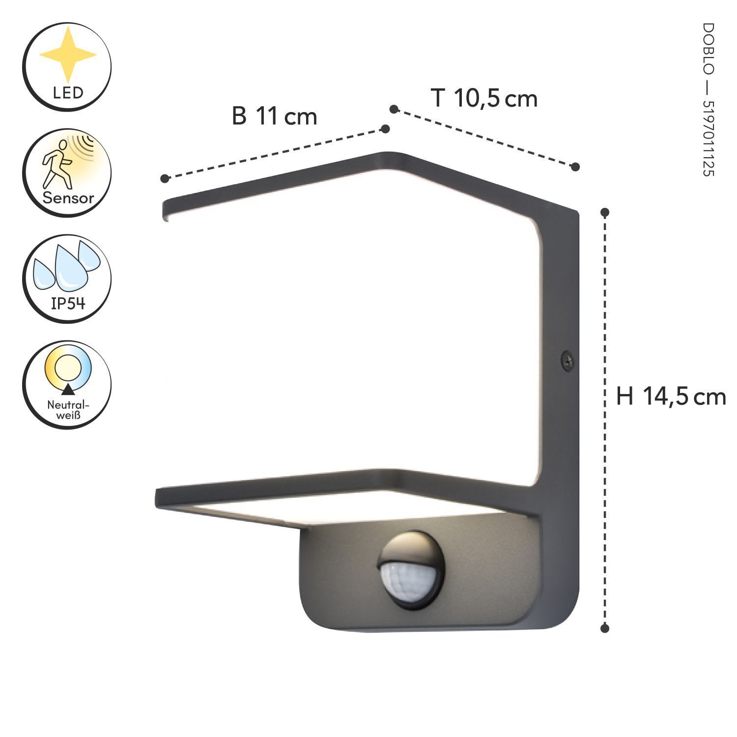 LED Wandleuchte Bewegungsmelder IP54 4000 K Aluminium