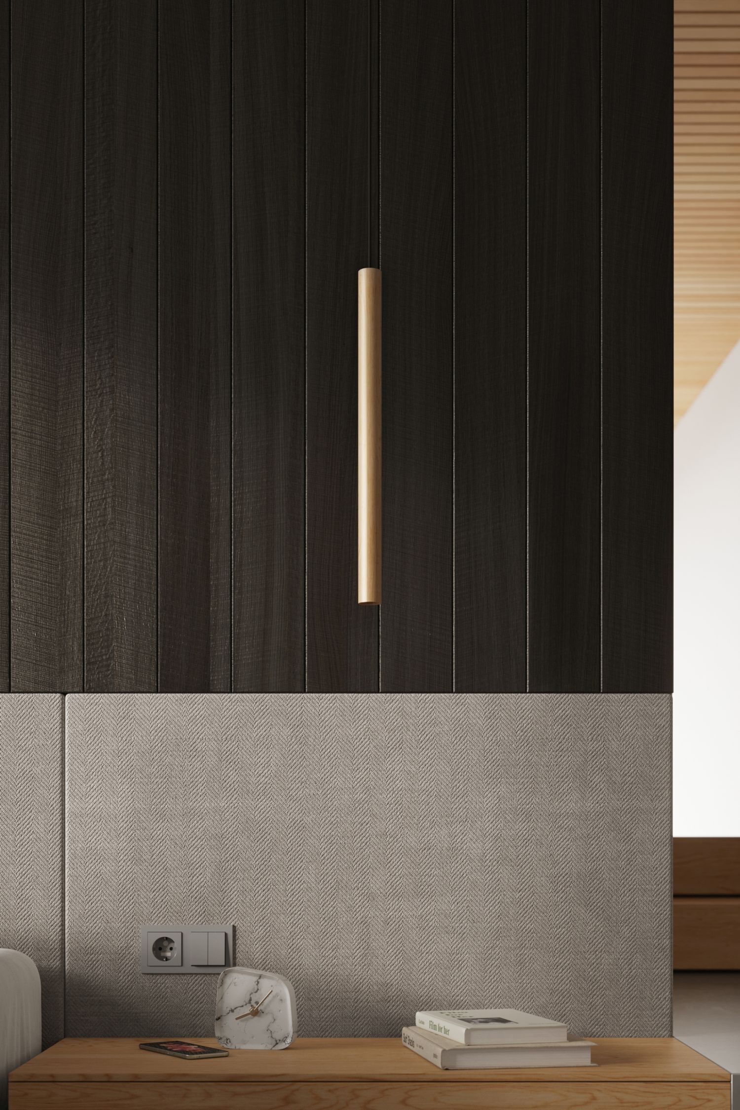 Hinterwand, Holzpaneel, Schrankfront, Griff, Nachttisch