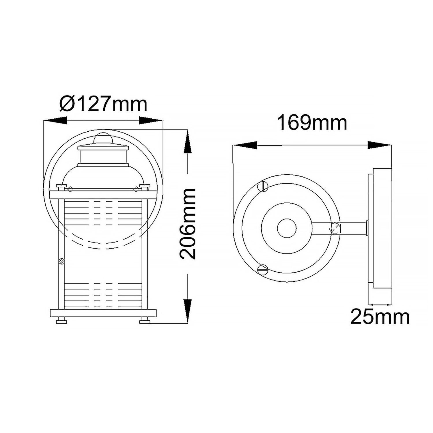 Badezimmerleuchte Wand Metall Glas 20,6 cm hoch IP44 E27 CAD-Diagramm, Diagramm, Handlung, Plan