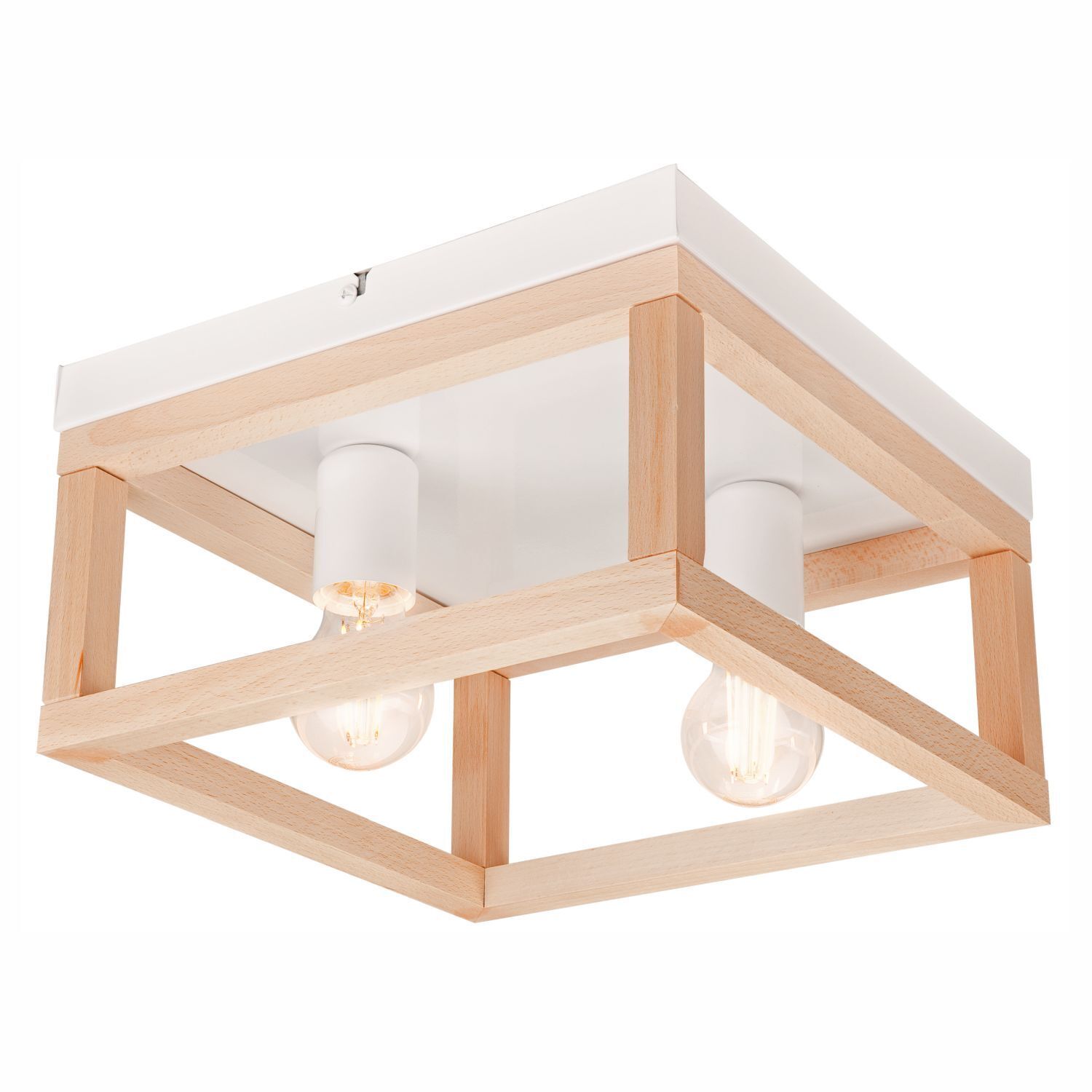 Deckenleuchte Holz Metall B: 30 cm eckig Natur Weiß 2x E27