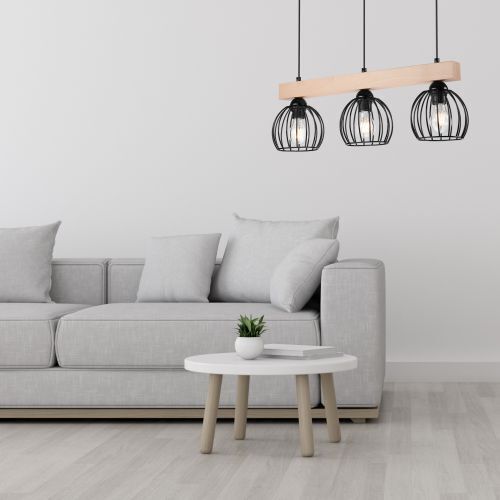 Pendelleuchte Esstisch Schwarz Holz 3xE27 länglich