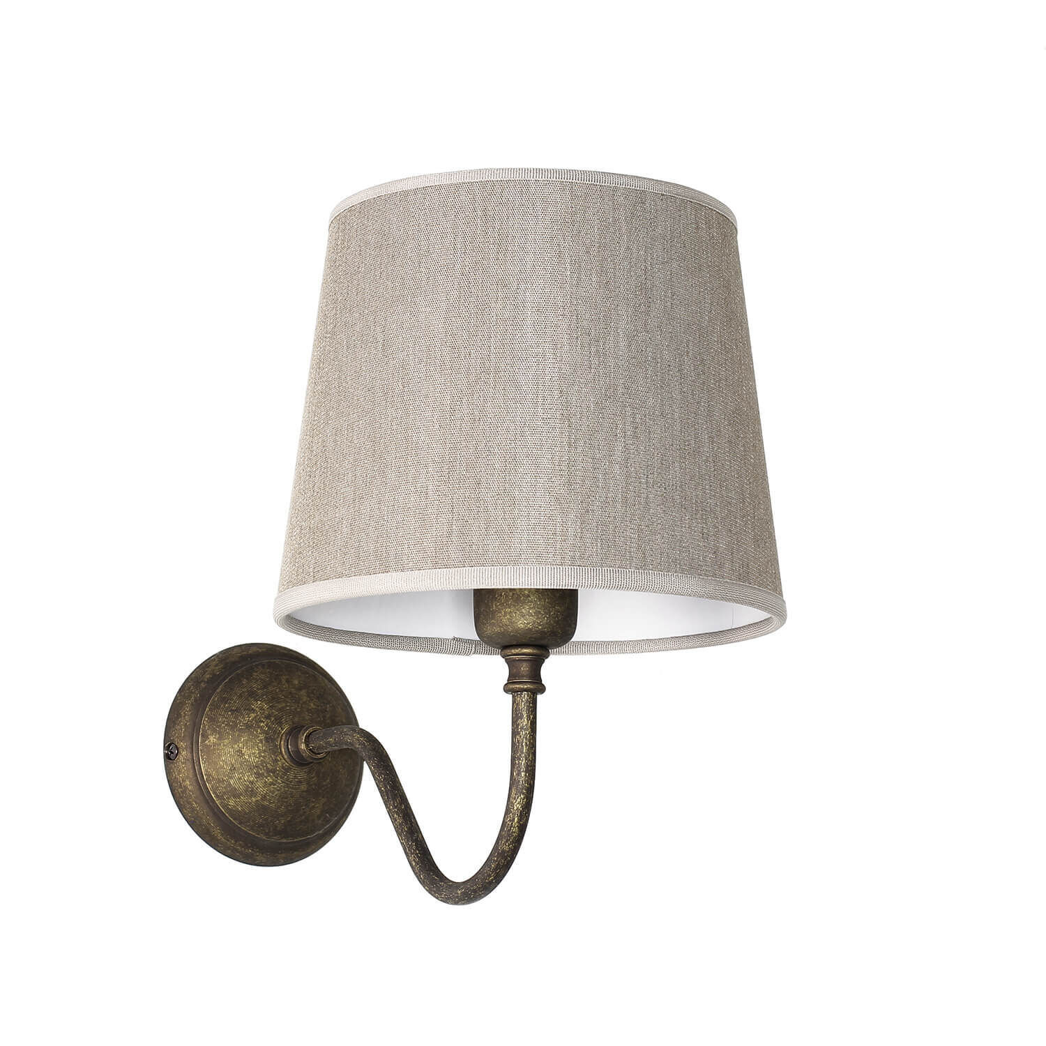 Wandleuchte Aus Echt-Messing – Antik Bronze, Stoffschirm Beige, Handarbeit Aus Italien, E27 Bis 60W