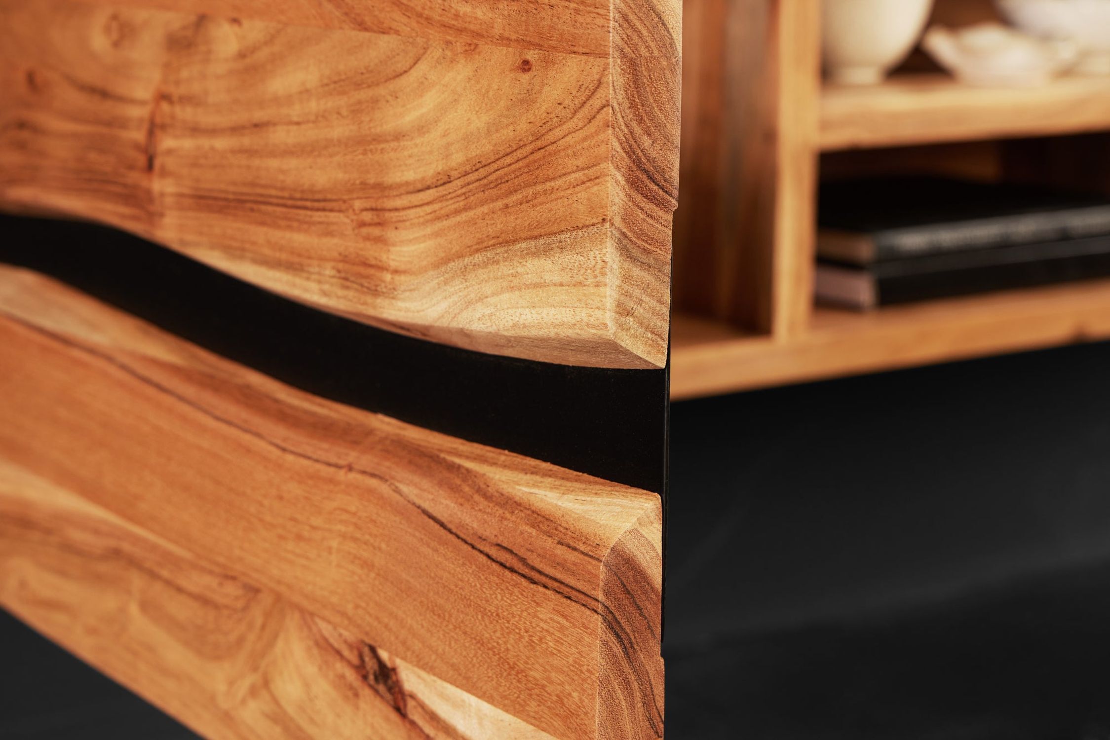 TV Lowboard hängend Akazienholz Metall 160 cm Baumkante Schublade, Holz, Hartholz, Gebeiztes Holz, Innenarchitektur