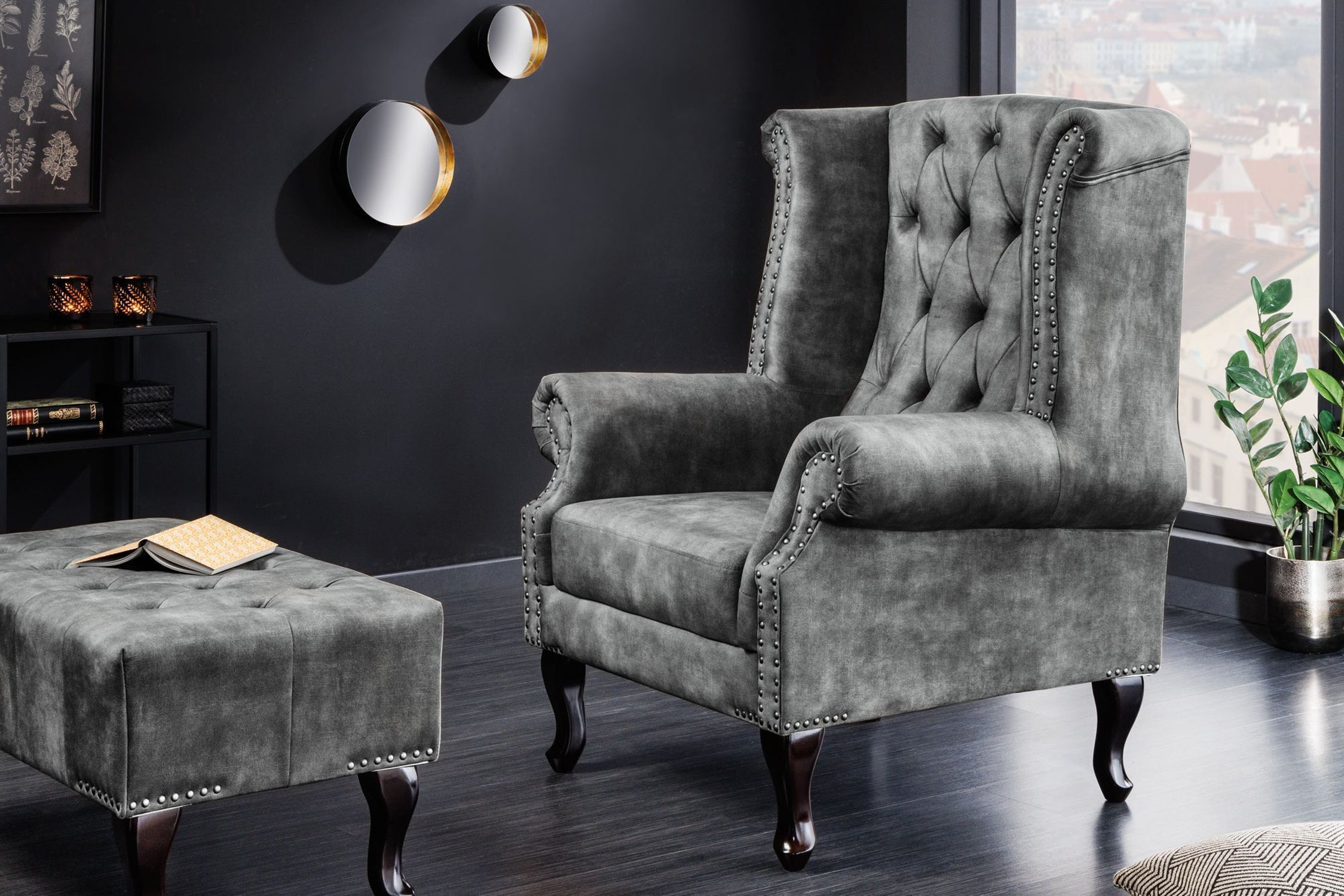 Ohrensessel Samt Holz in Grau Braun B: 85 cm Chesterfield Moebel, Stuhl, Buch, Veröffentlichung