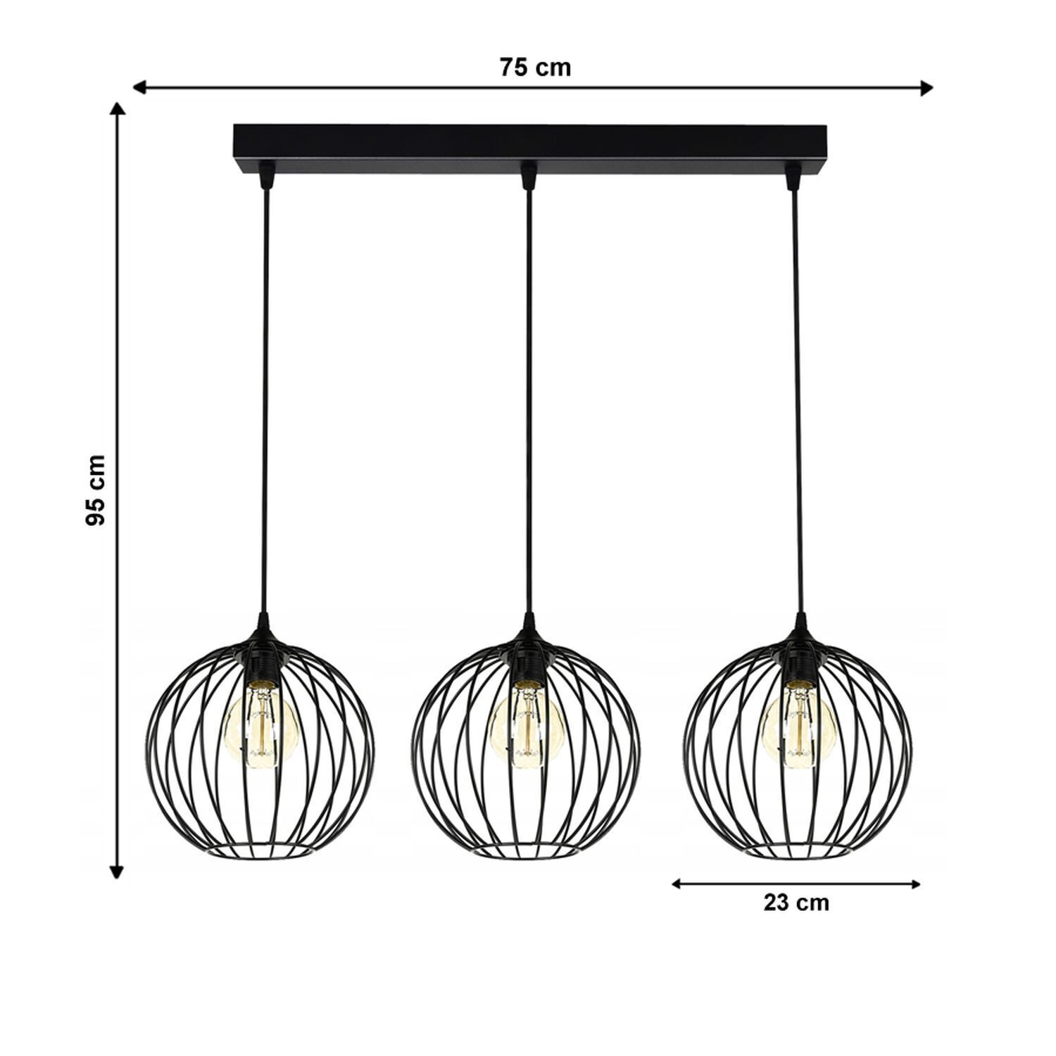 Hängelampe E27 Schwarz Metall 3-flammig L:70 cm Draht