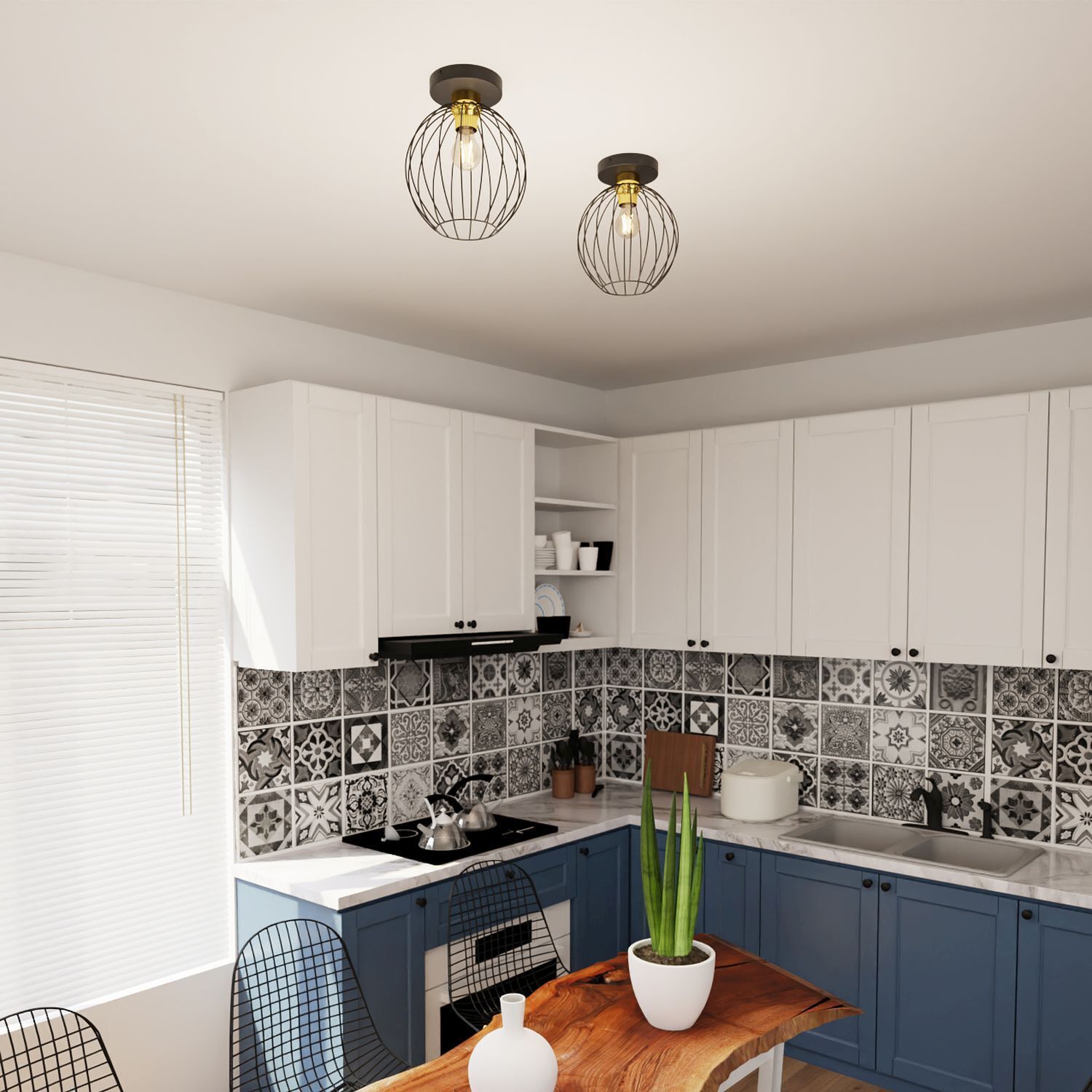 Küche, Pendelleuchte, Fliesenrückwand, blaue Schränke, Holztisch
