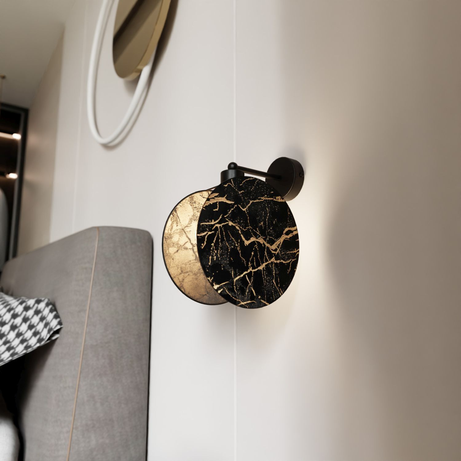 Wandleuchte Marmor Optik Ø 20 cm rund Schwarz Gold E27 Lampe, Drinnen, Innenarchitektur, Leuchte