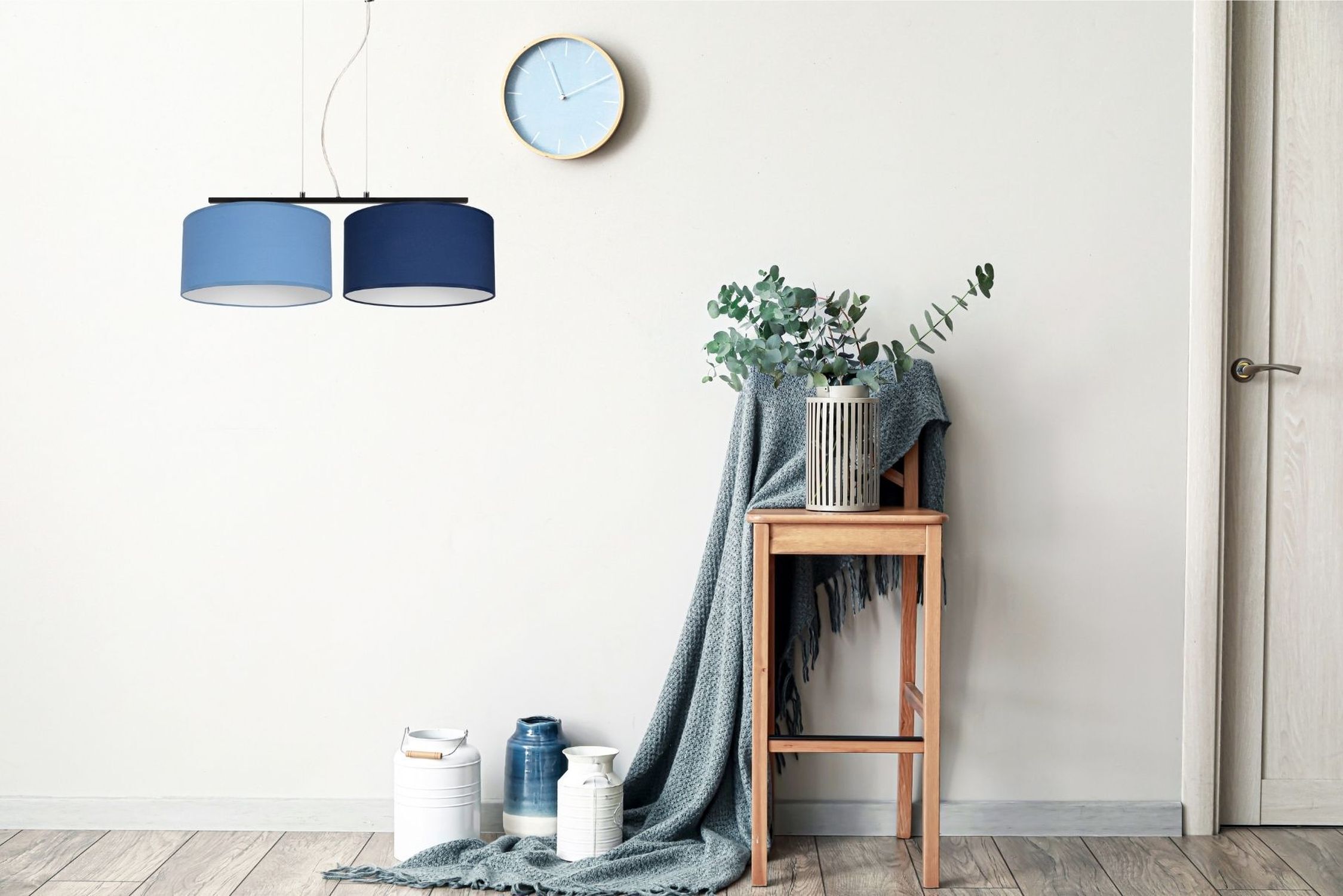 Längliche Hängelampe Stoff Schwarz Blau E27 L:70 cm Lampenschirm, Pendelleuchte, blaue Schirme, Pflanzentopf, Beistelltisch mit Pflanze