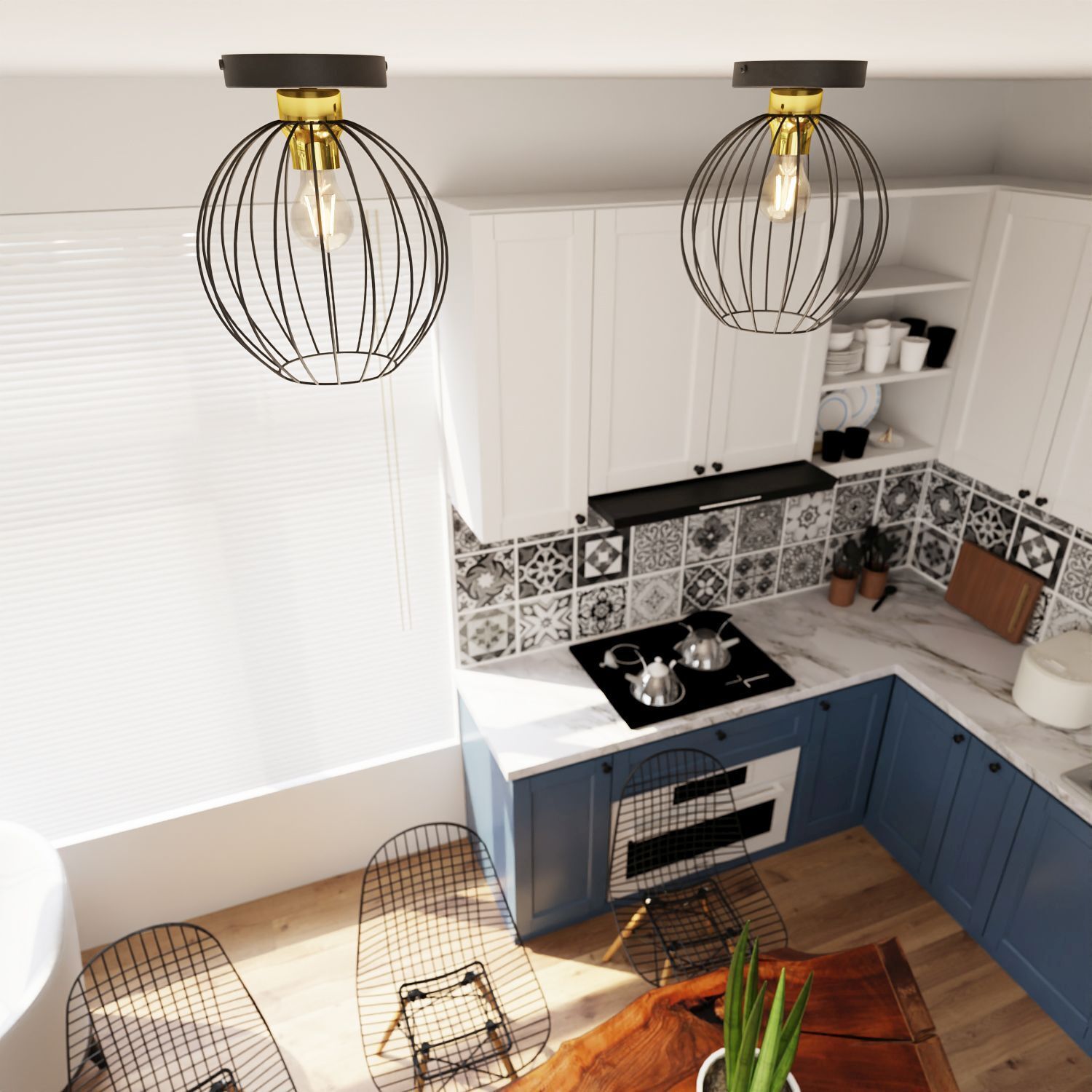 Küche, Hängelampe, Industrie, offeneRegale, Fliesenrückwand