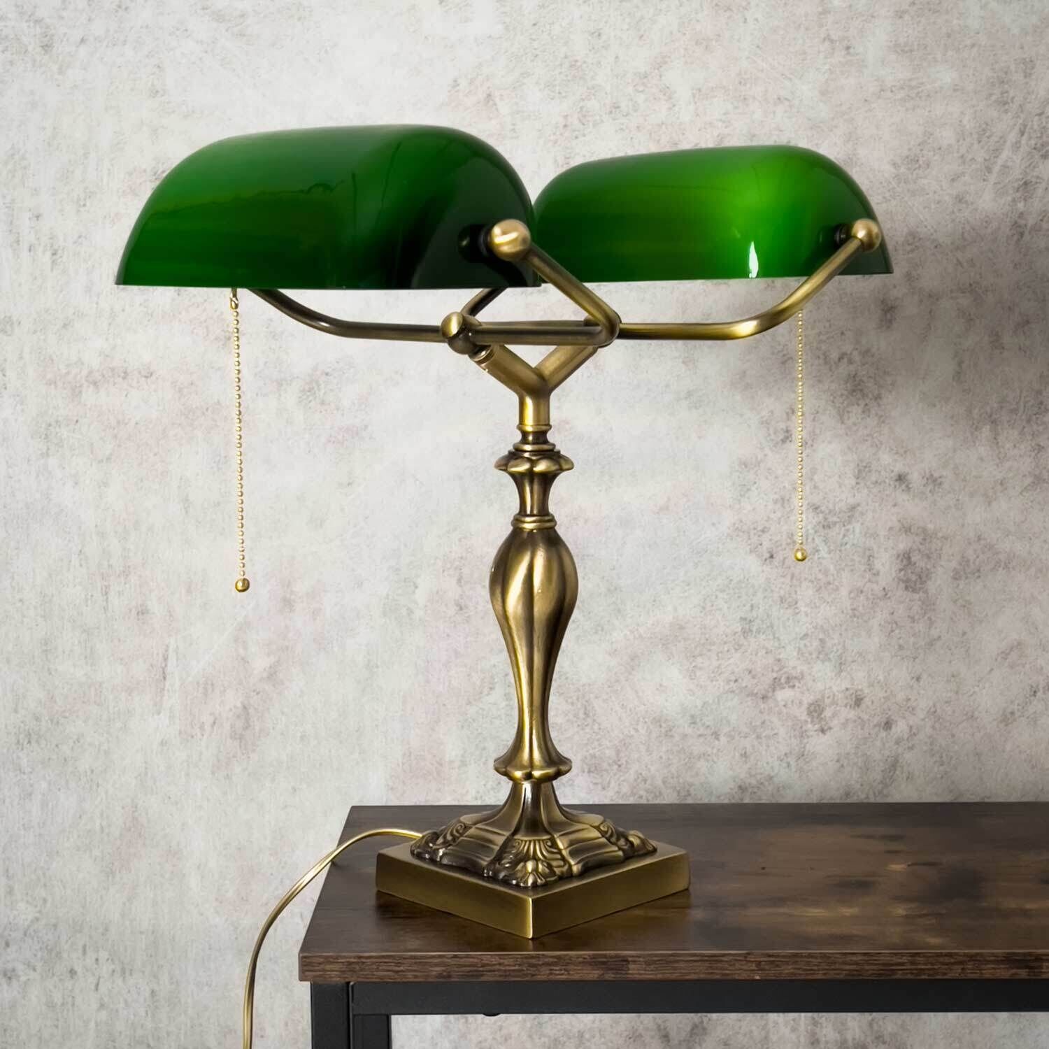Bankerlampe 42,5 cm 2-flammig E27 Echt-Messing Zugschalter