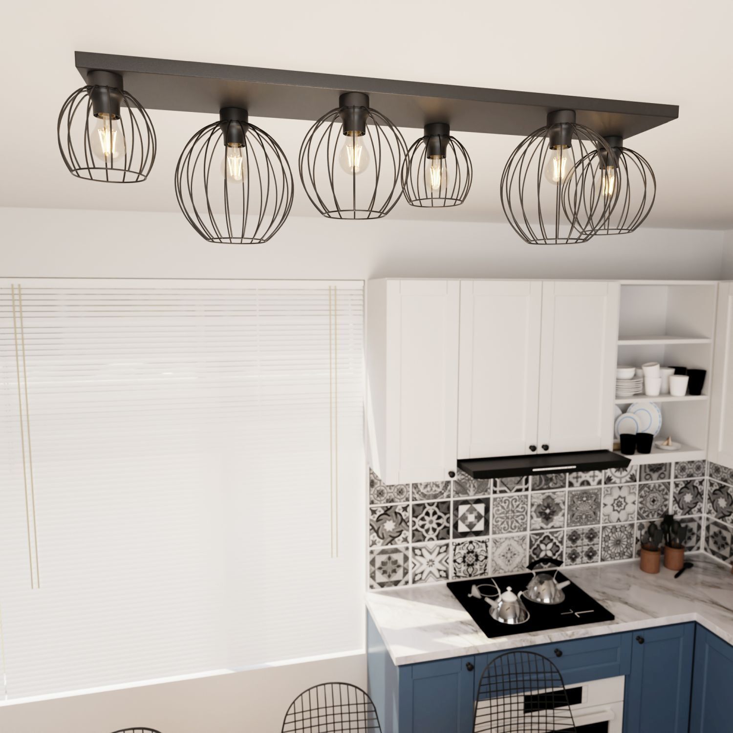 Deckenleuchte Schwarz Draht E27 6-flammig 115 cm Retro Leuchte, Kronleuchter, Lampe, Küche, Deckenleuchte