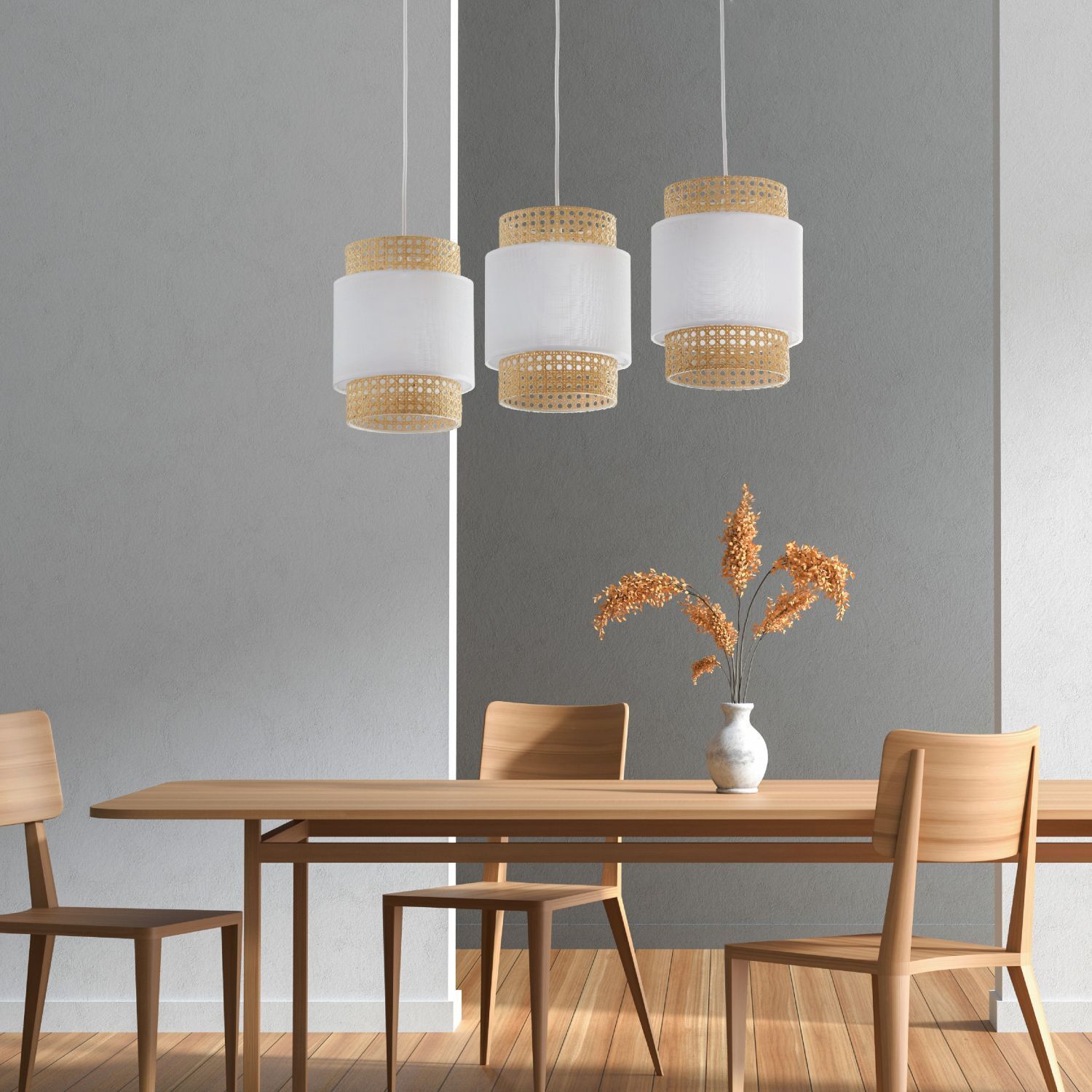 Hängelampe Weiß Natur Stoff Rattan E27 Boho Esstisch Esszimmer, Esstisch, Tisch, Lampe, Innenarchitektur