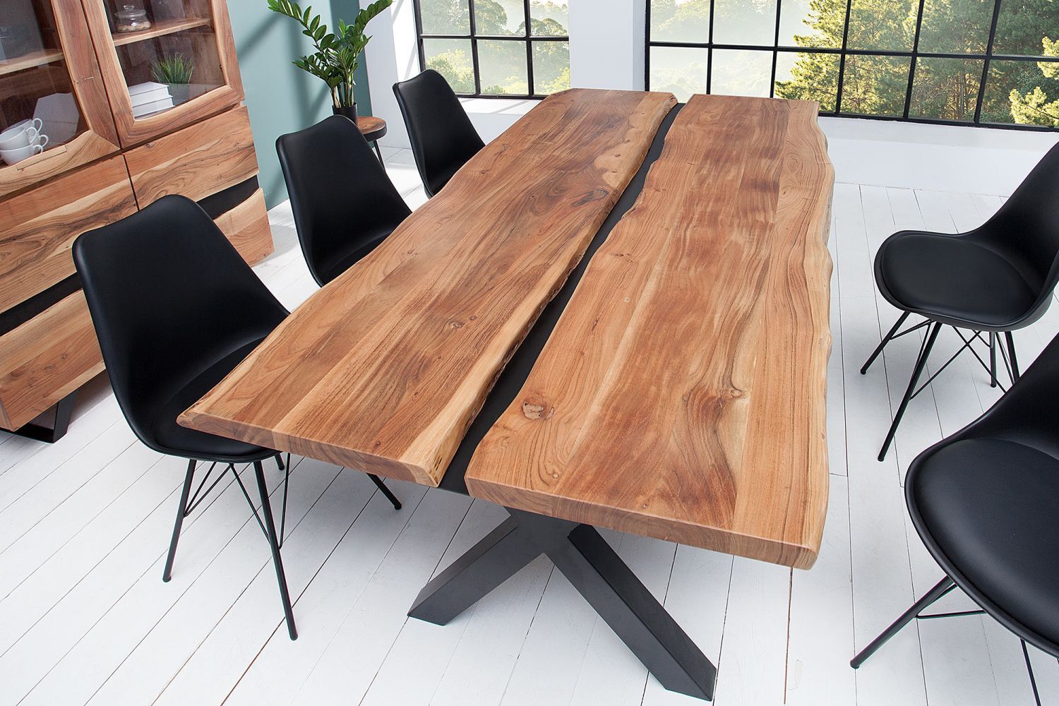 Esstisch Akazienholz Metall 200x43 cm in Natur Schwarz