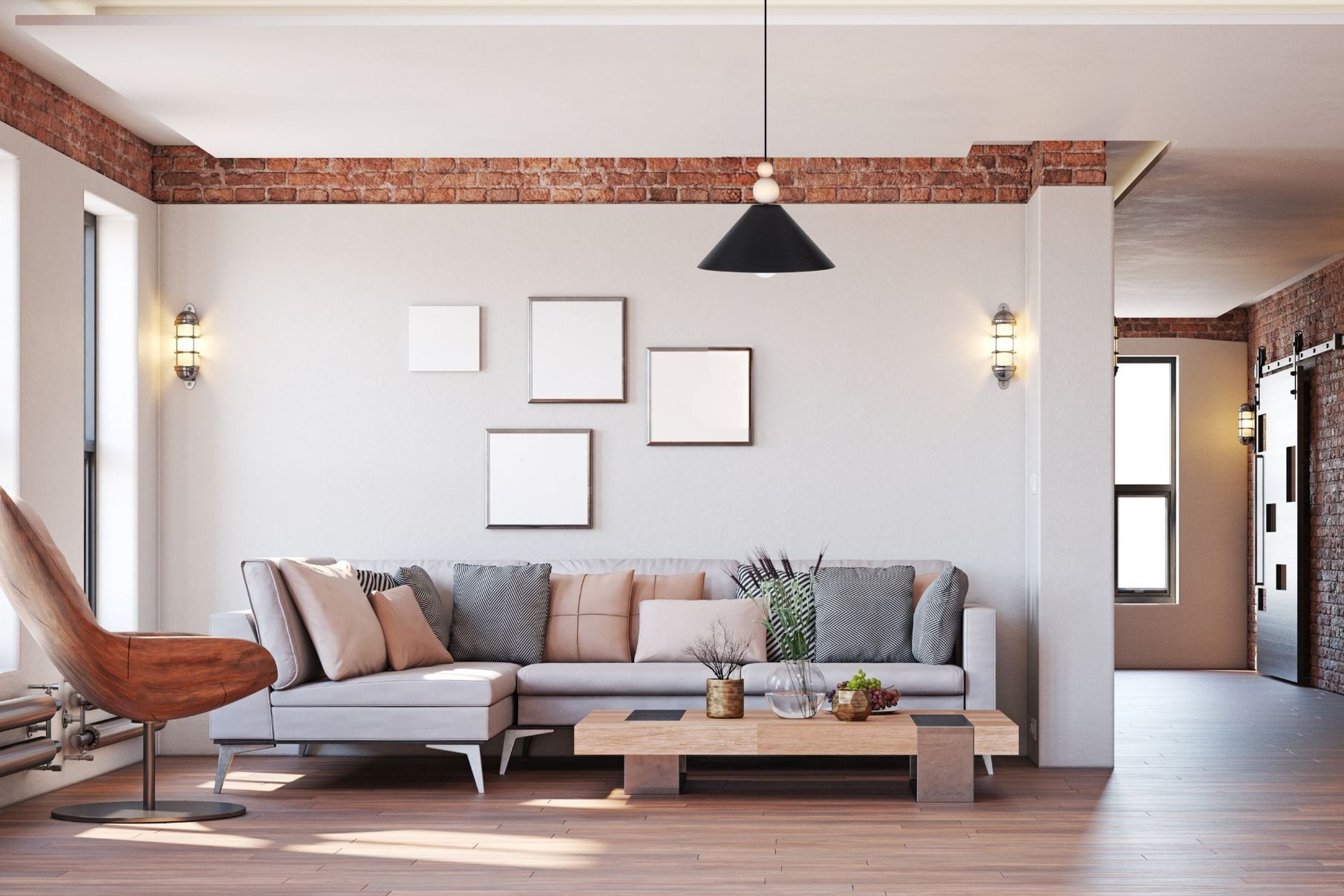 Wohnzimmer, Sofa, Braun, Holzboden, Wanddeko