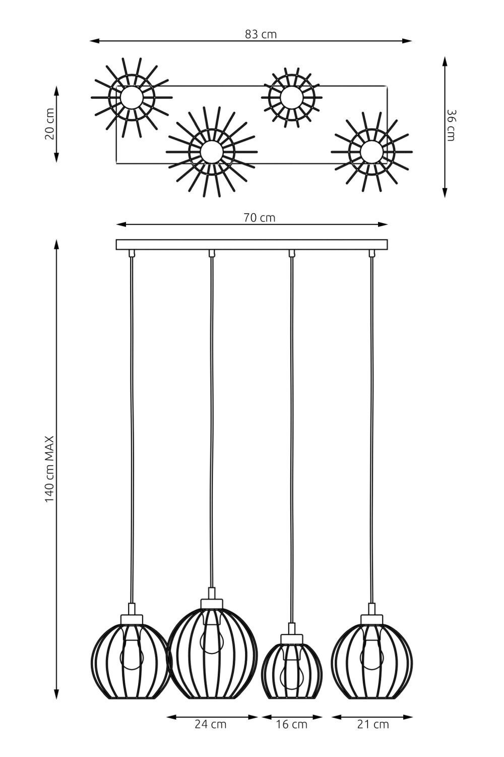 Metall Hängelampe E27 Schwarz 4-flammig L:70 cm lang