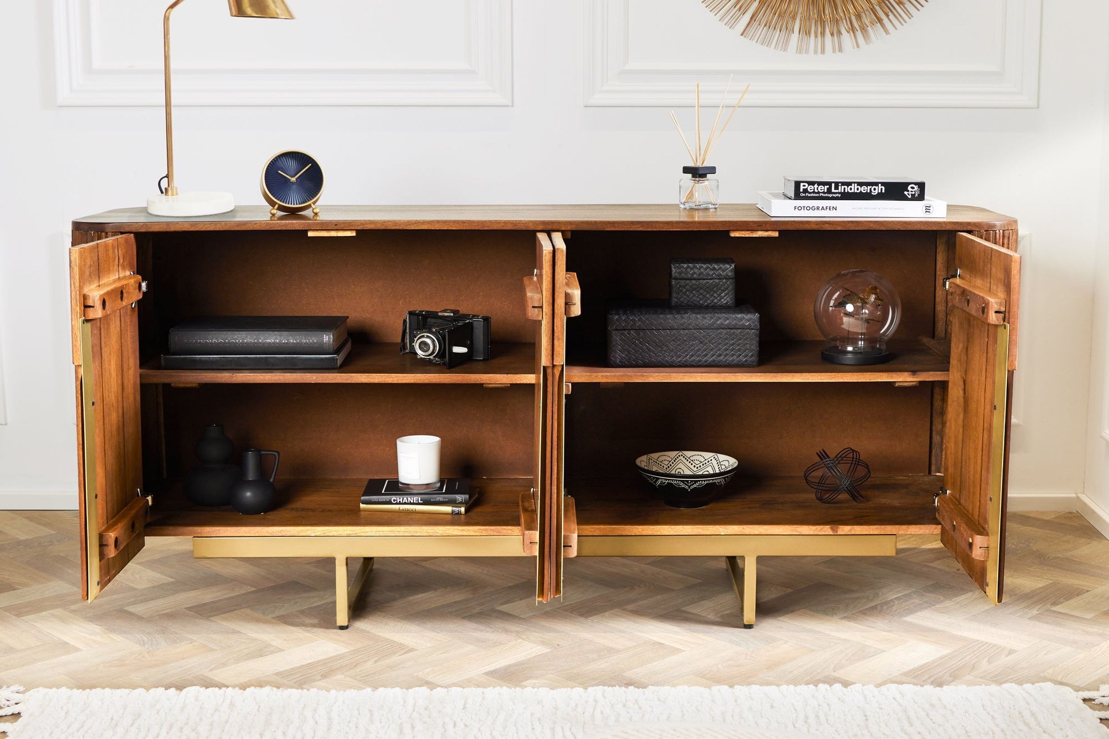 Sideboard Holz Metall 160 x 75 cm Art Déco Lamellen Design Anrichte, Holz, Hartholz, Innenarchitektur, Gebeiztes Holz